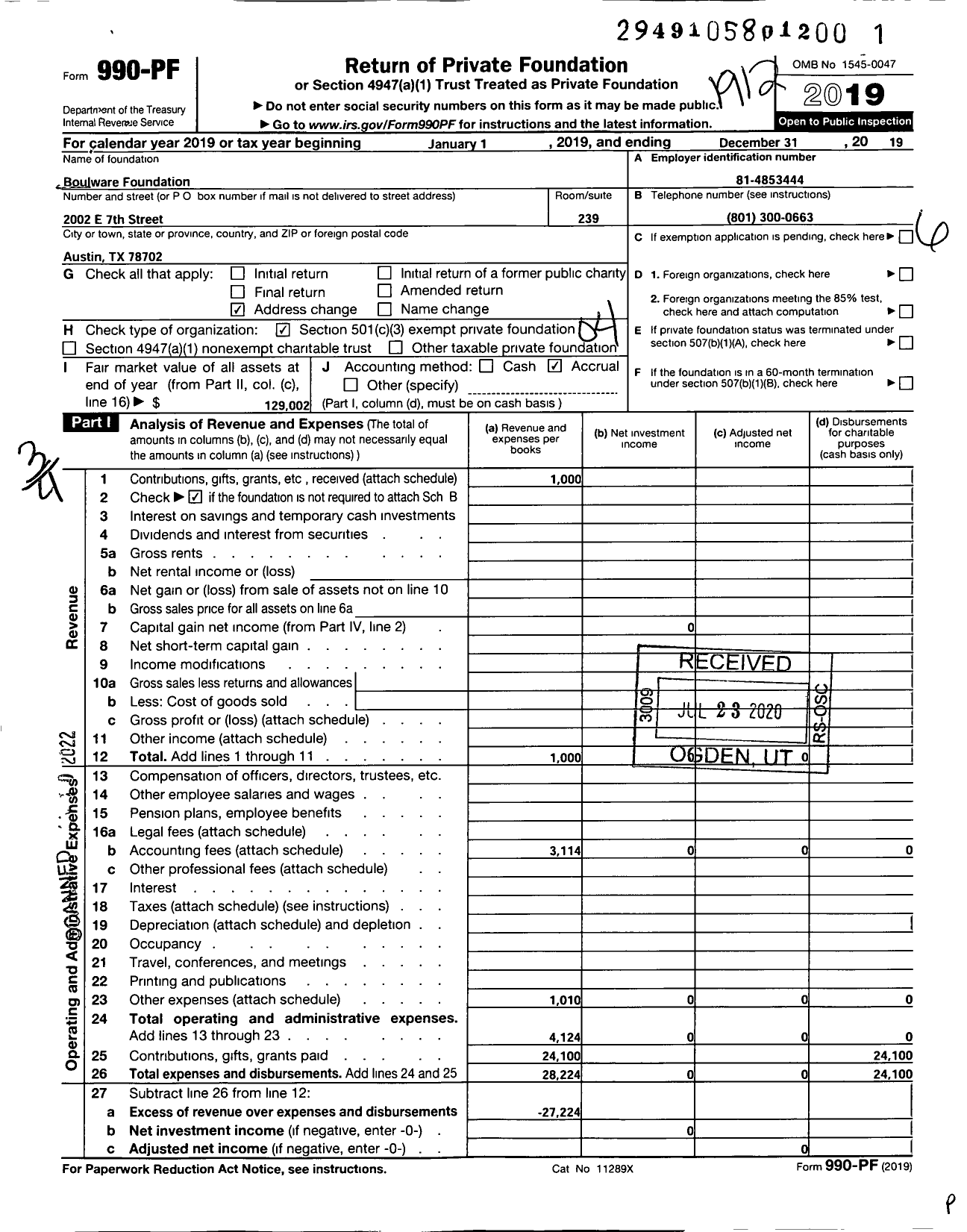 Image of first page of 2019 Form 990PF for Boulware Foundation