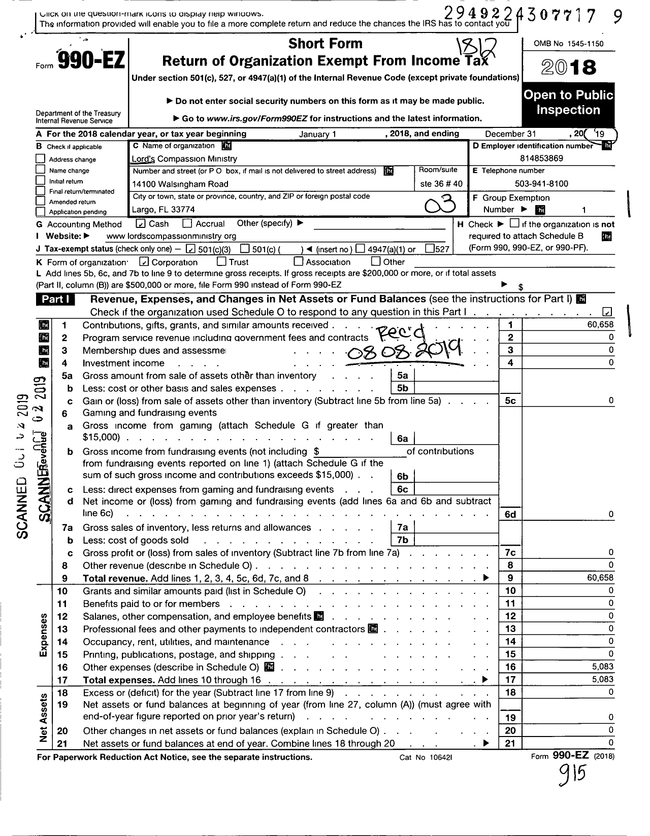 Image of first page of 2018 Form 990EZ for Lords Compassion Ministry Incorporated