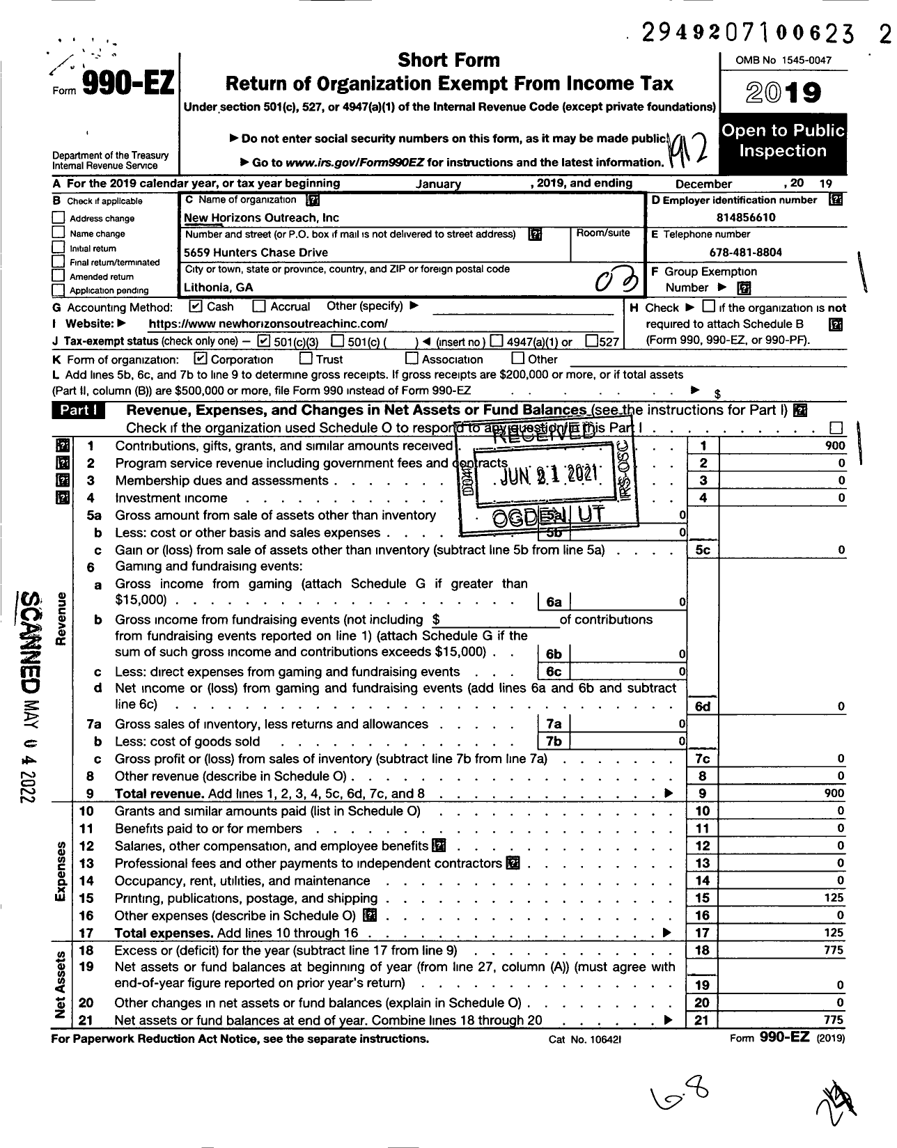 Image of first page of 2019 Form 990EZ for New Horizons Outreach