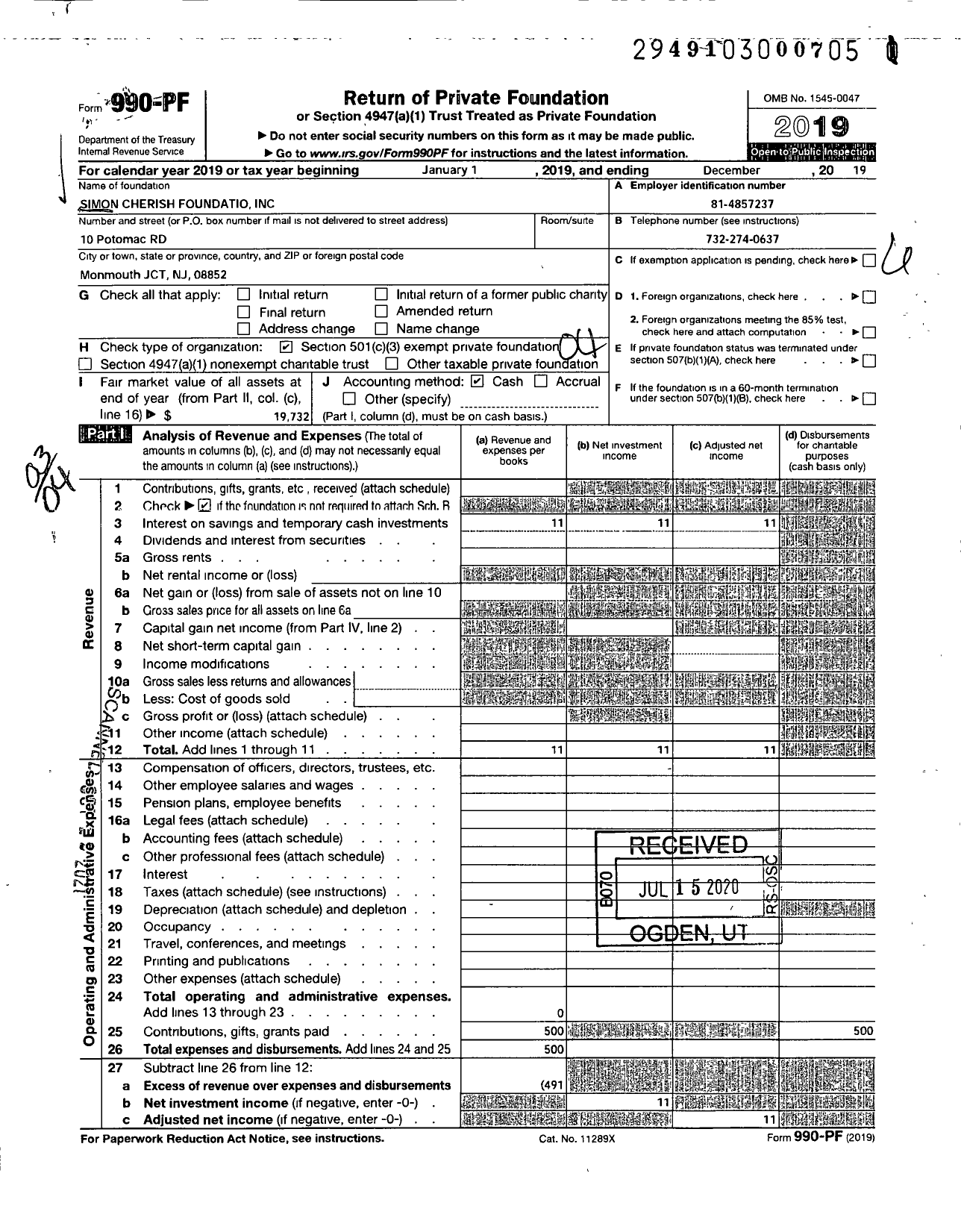 Image of first page of 2019 Form 990PF for Simon Cherish Foundation