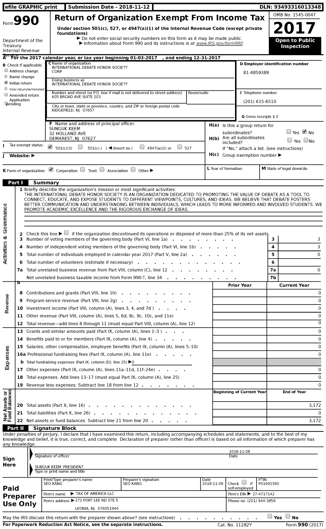 Image of first page of 2017 Form 990 for International Debate Honor Society