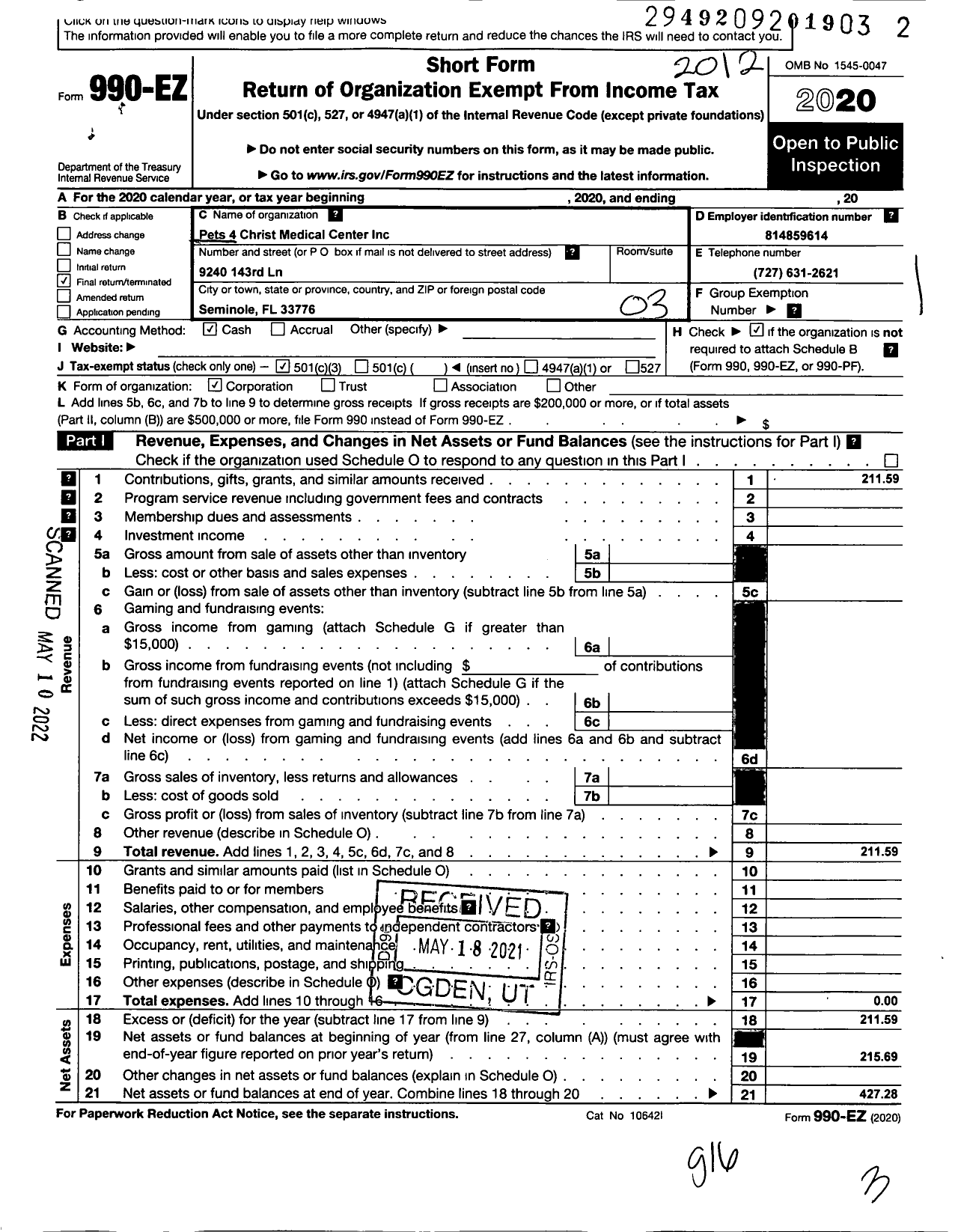 Image of first page of 2020 Form 990EZ for Pets 4 Christ Medical Center