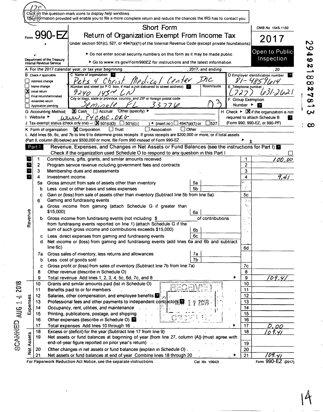 Image of first page of 2017 Form 990EZ for Pets 4 Christ Medical Center