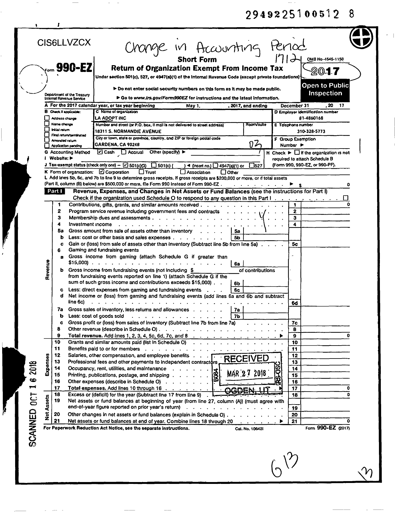 Image of first page of 2017 Form 990EZ for La Adopt