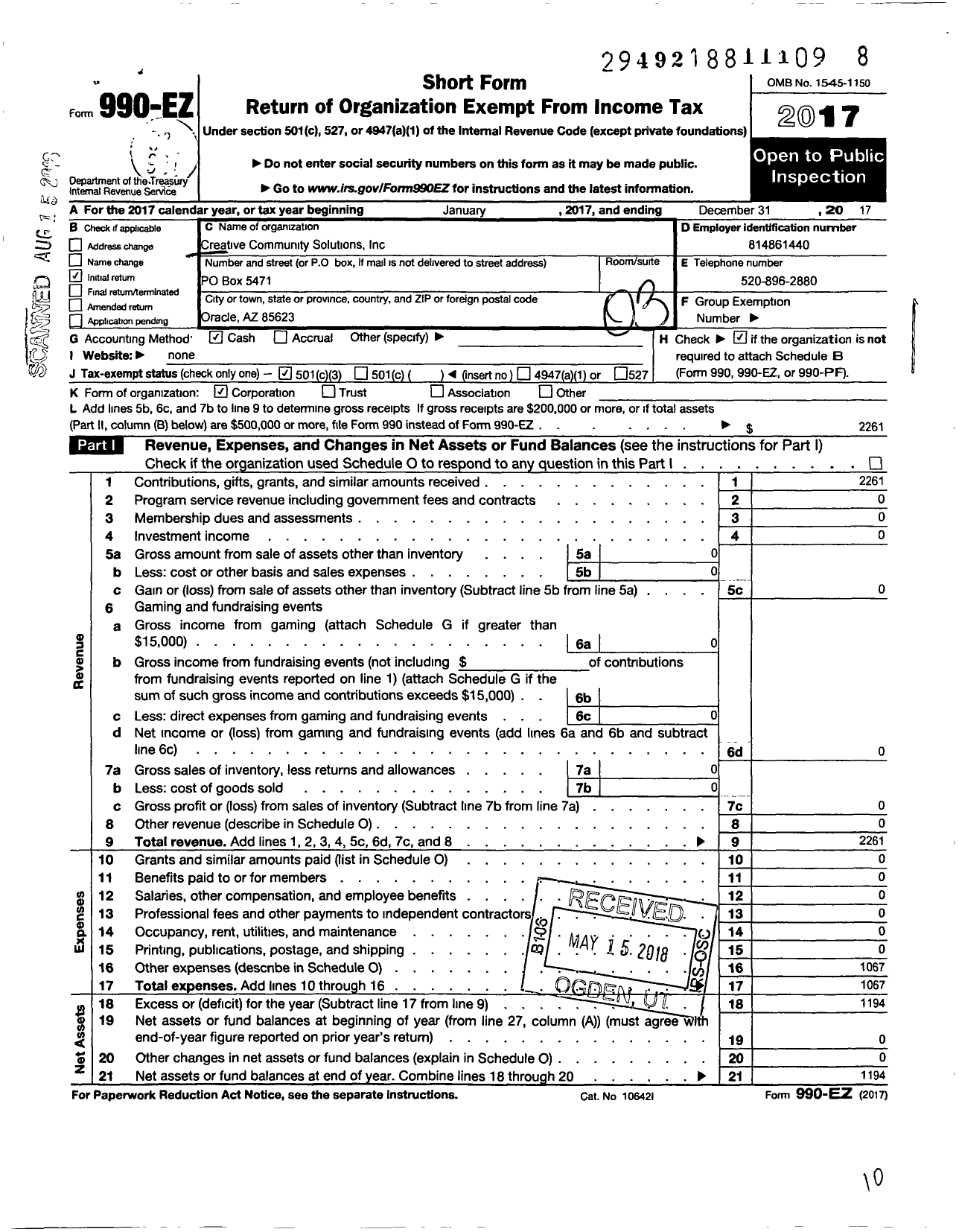 Image of first page of 2017 Form 990EZ for Creative Community Solutions