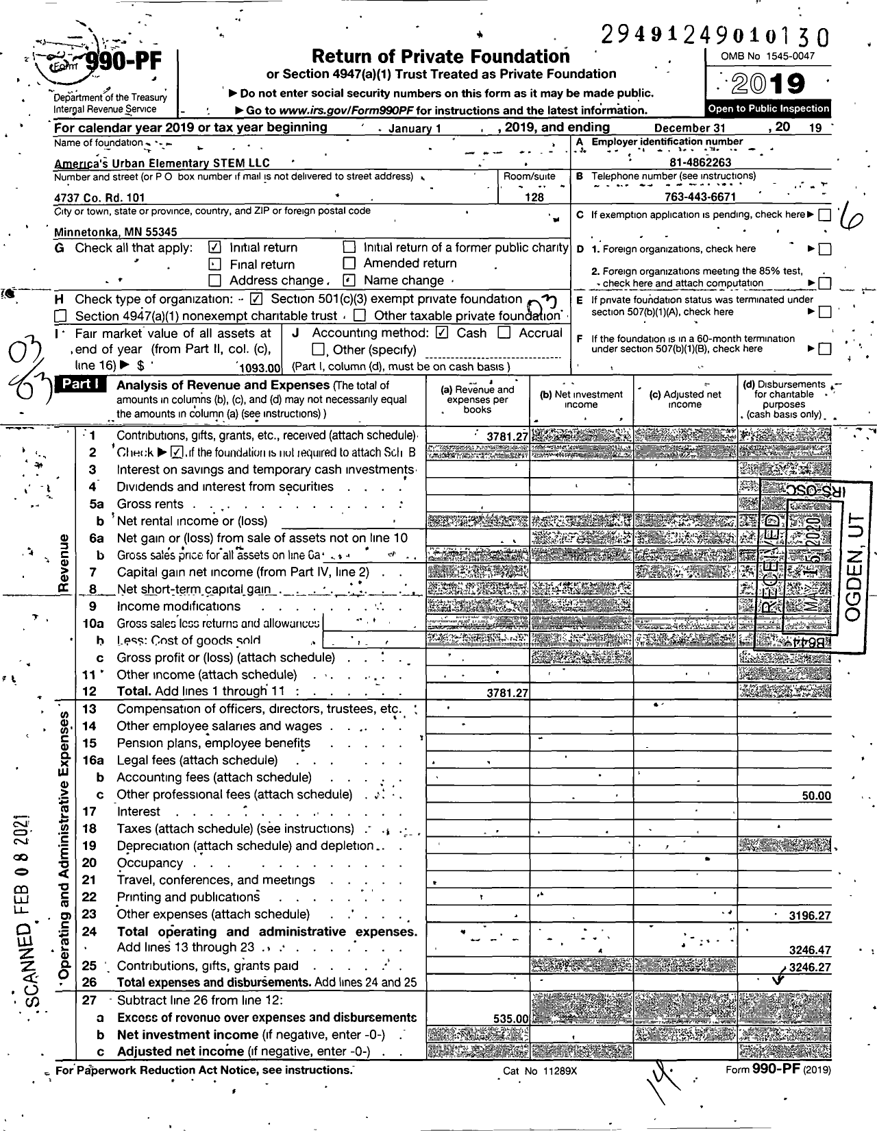 Image of first page of 2019 Form 990PF for Americans Urban Elementary Stem