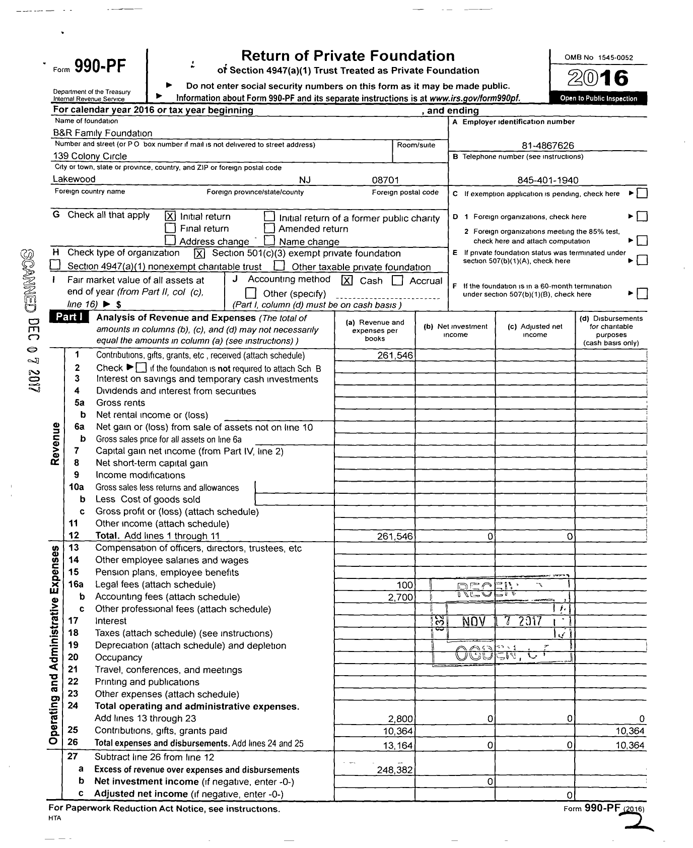Image of first page of 2016 Form 990PF for B&S Family Foundation
