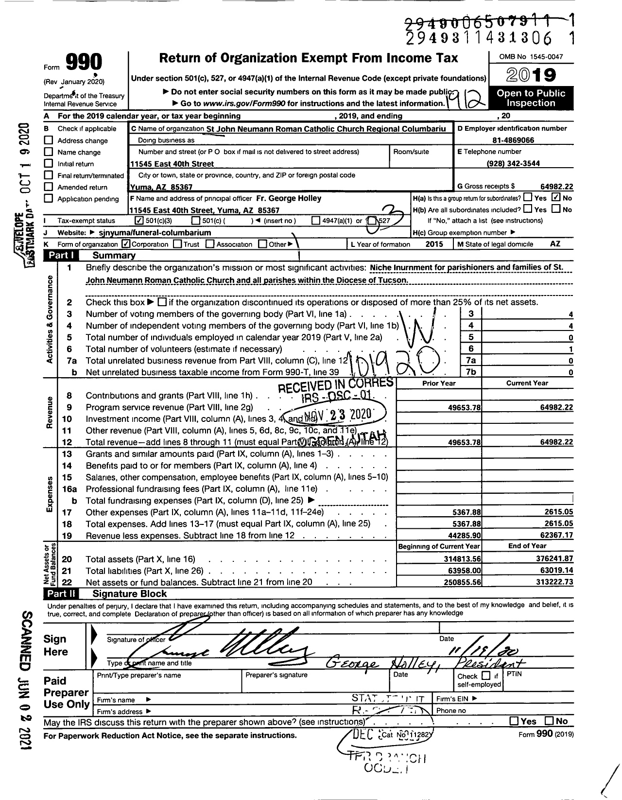 Image of first page of 2019 Form 990 for St John Neumann Roman Catholic Church Regional Columbarium