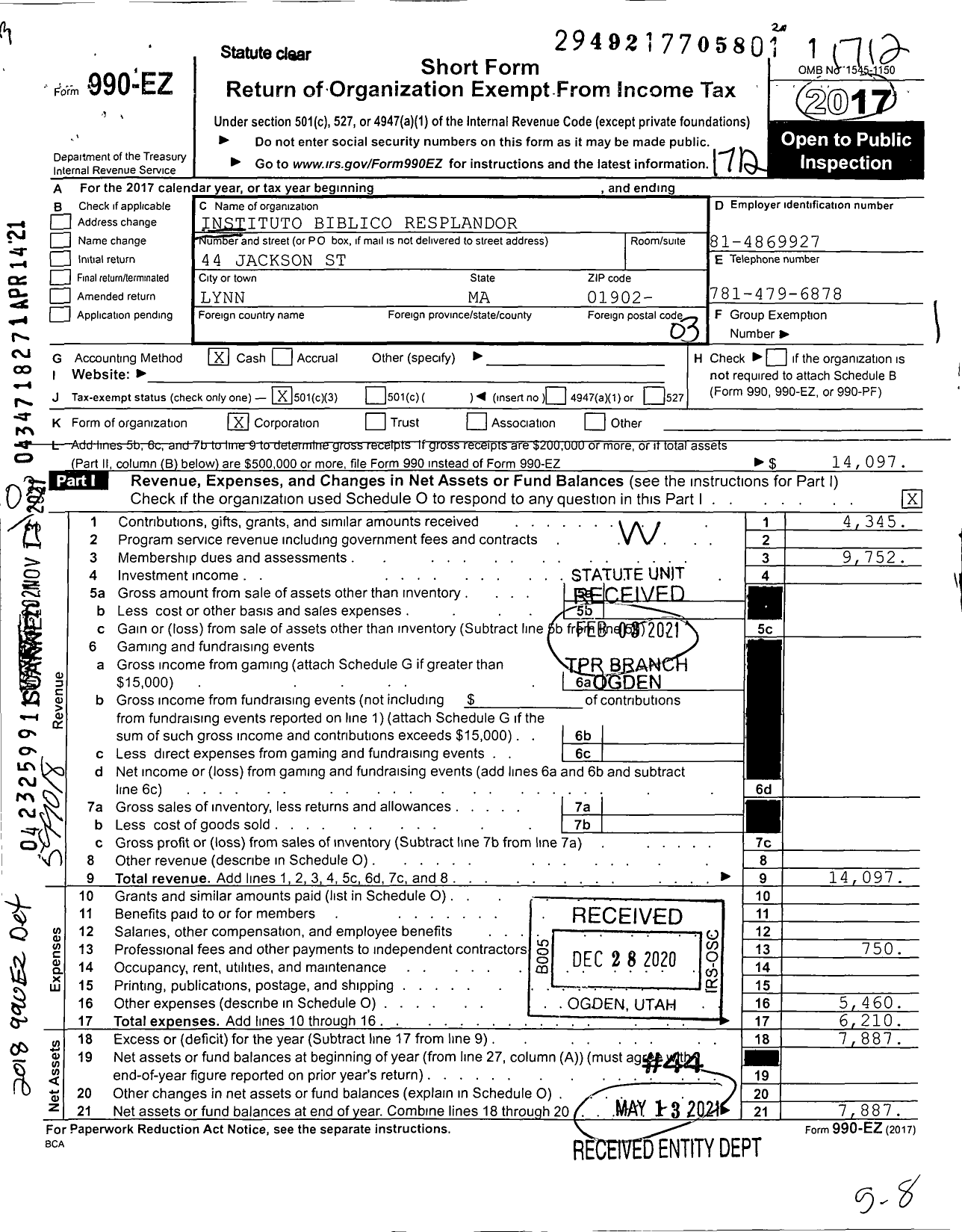 Image of first page of 2017 Form 990EZ for Instituto Biblico Resplandor