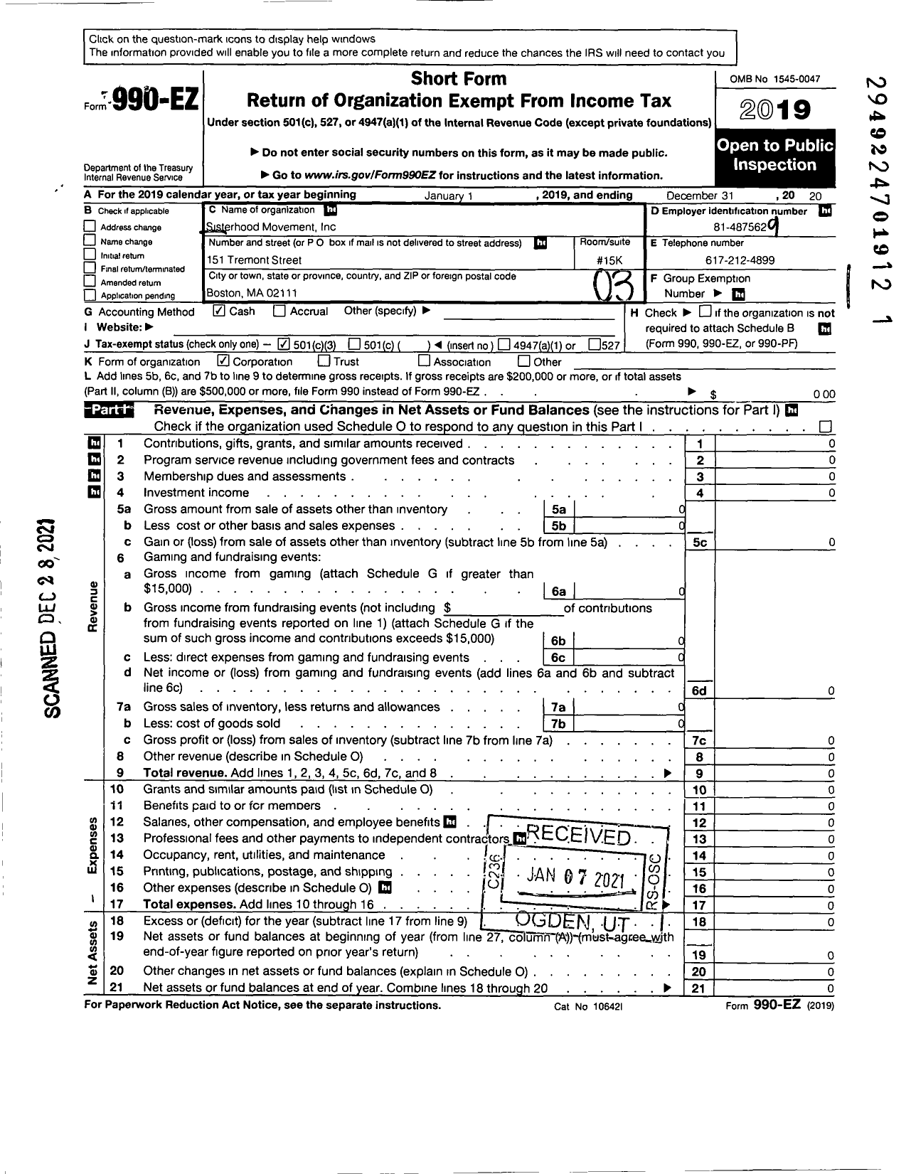 Image of first page of 2020 Form 990EZ for Sisterhood Movement