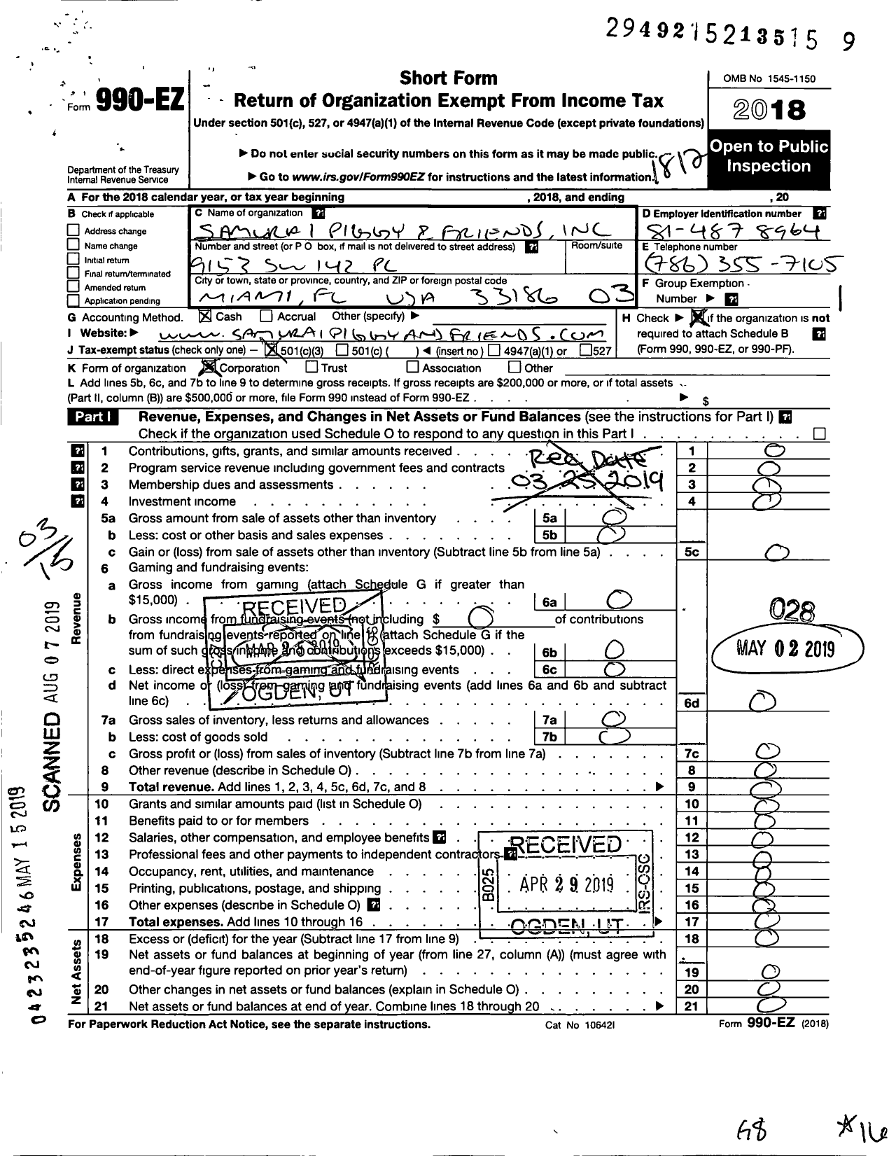 Image of first page of 2018 Form 990EZ for Samurai Piggy and Friends