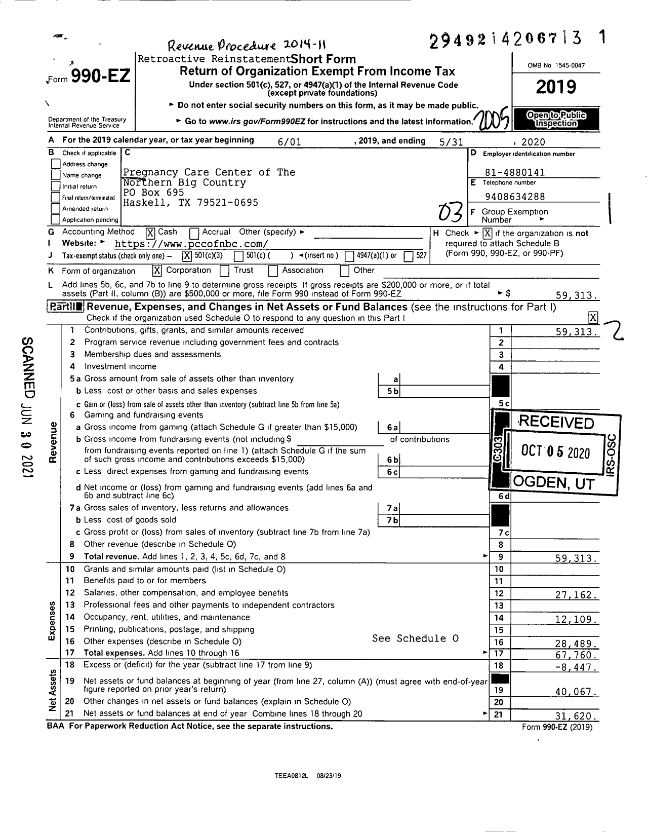 Image of first page of 2019 Form 990EZ for Pregnancy Care Center of the Northern Big Country