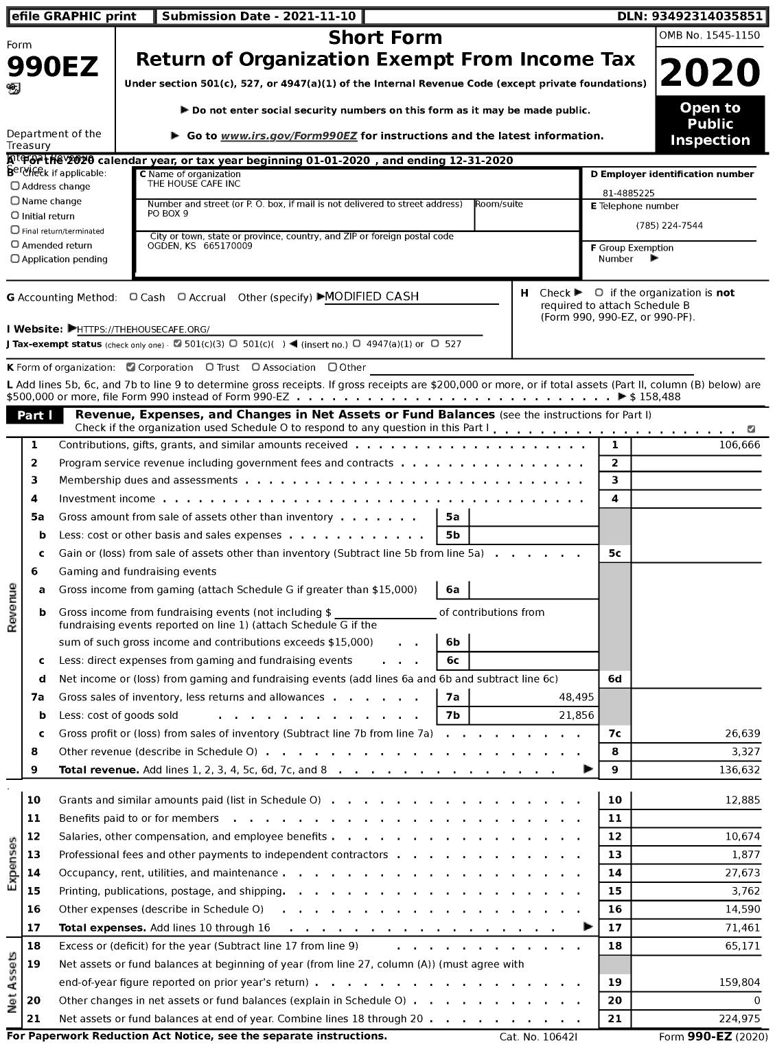 Image of first page of 2020 Form 990EZ for The House Cafe