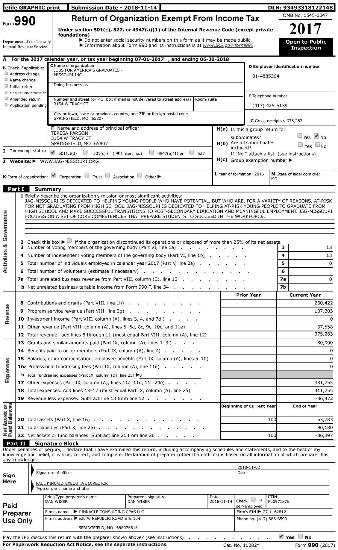 Image of first page of 2017 Form 990 for Jobs for America's Graduates - Missouri