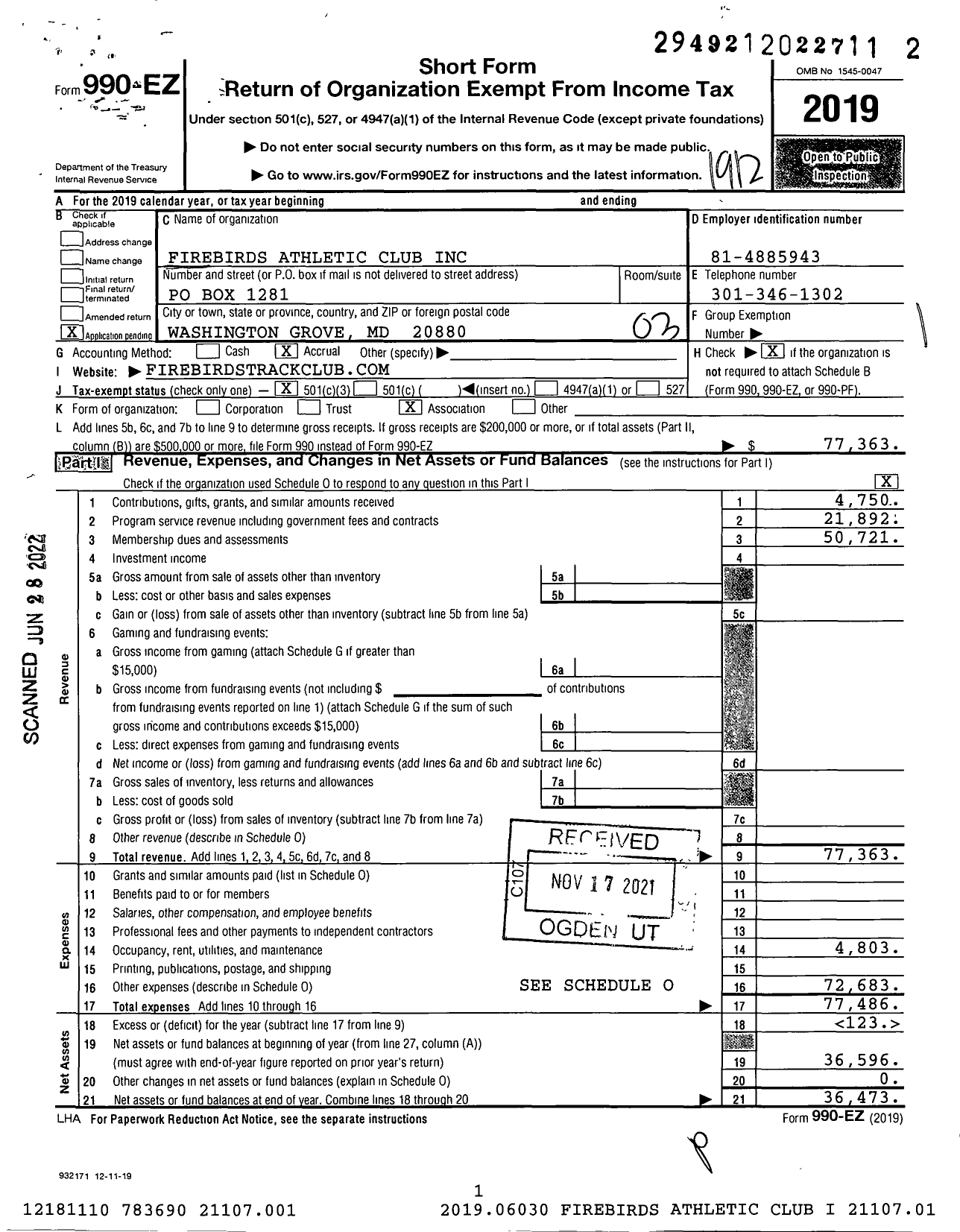 Image of first page of 2019 Form 990EZ for Firebirds Athletic Club