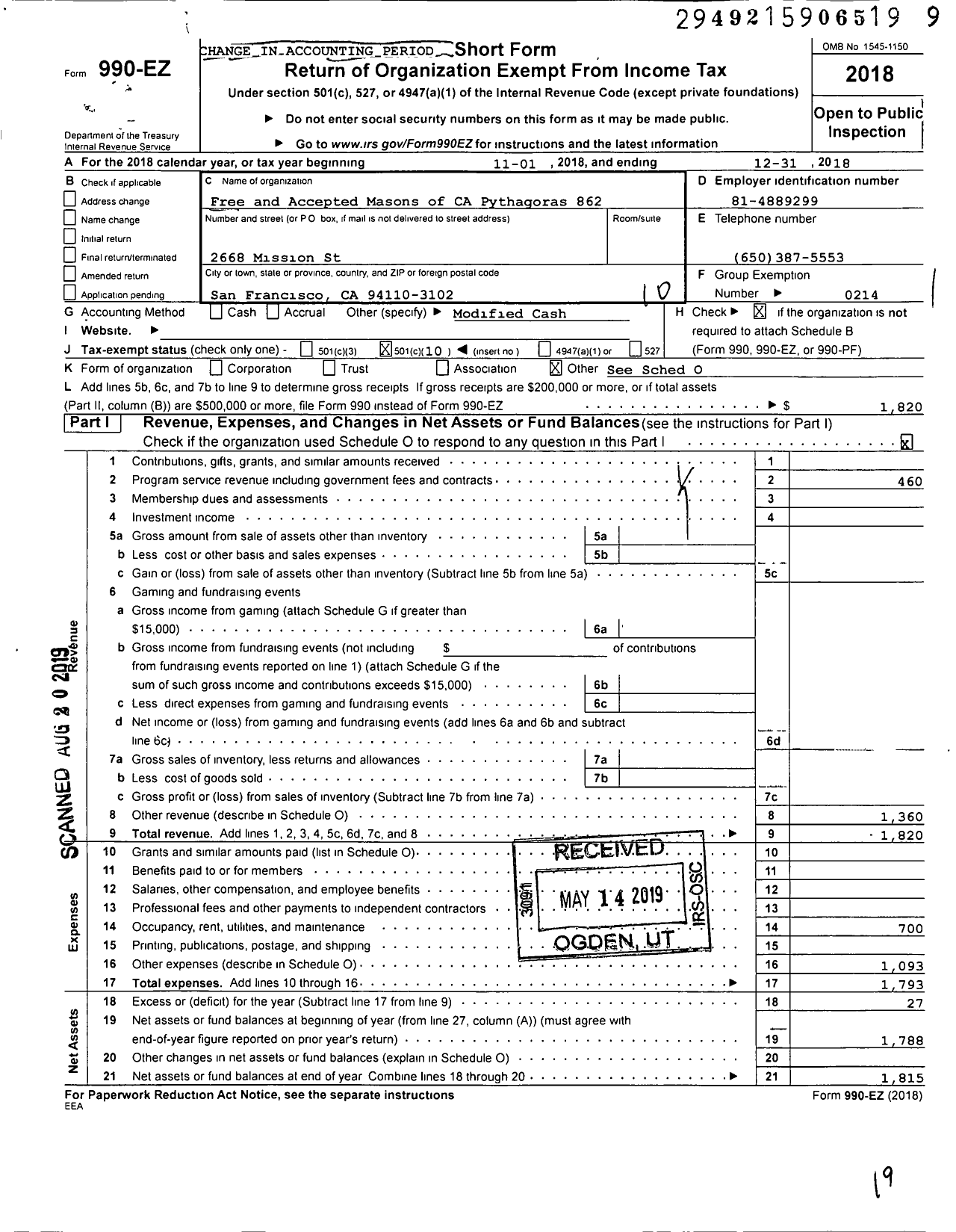 Image of first page of 2018 Form 990EO for Masons of California - Pythagoras Lodge