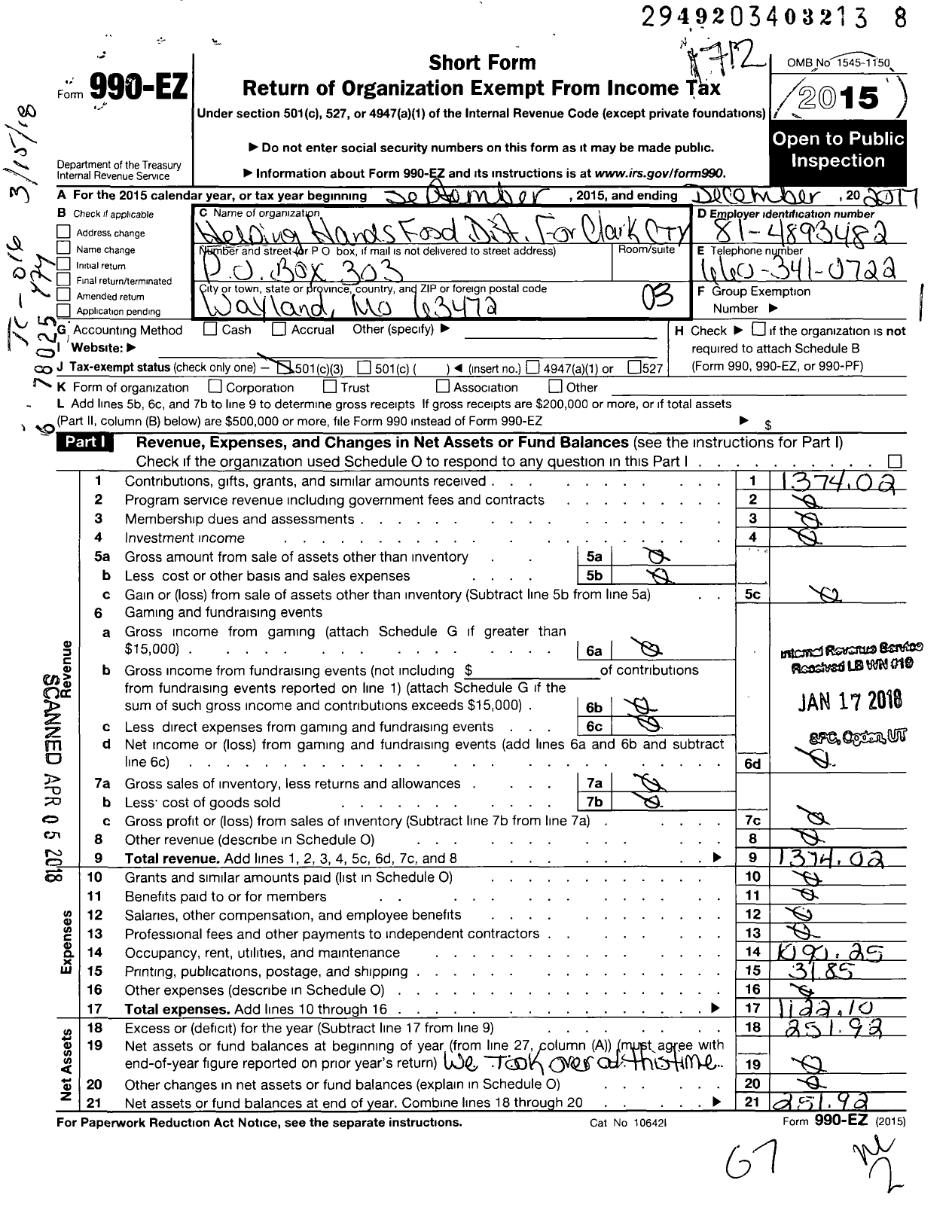 Image of first page of 2017 Form 990EZ for Helping Hands Food Distribution for Clark County