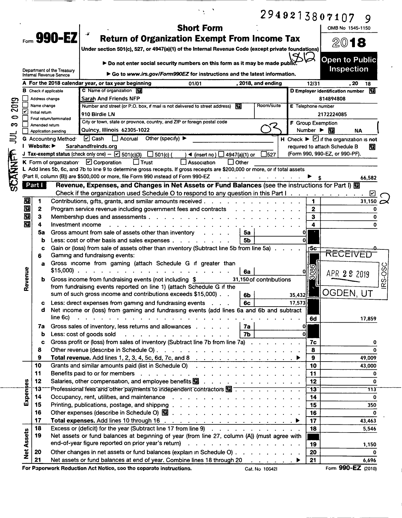 Image of first page of 2018 Form 990EZ for Sarah and Friends NFP