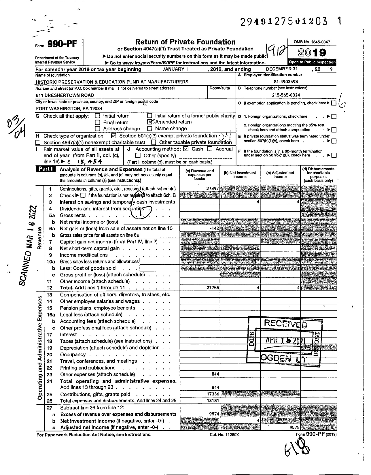 Image of first page of 2019 Form 990PF for Historic Perservation and Education Fund at Manufacturers