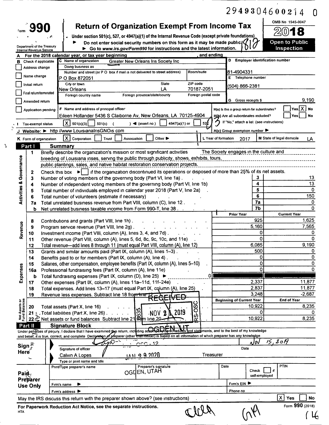 Image of first page of 2018 Form 990 for Greater New Orleans Iris Society