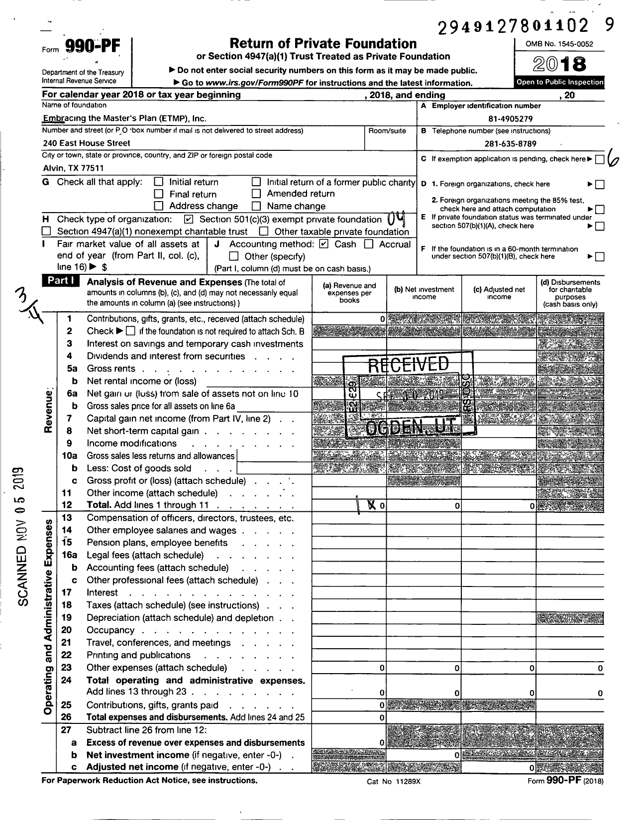 Image of first page of 2018 Form 990PF for Embracing The Masters Plan ETMP