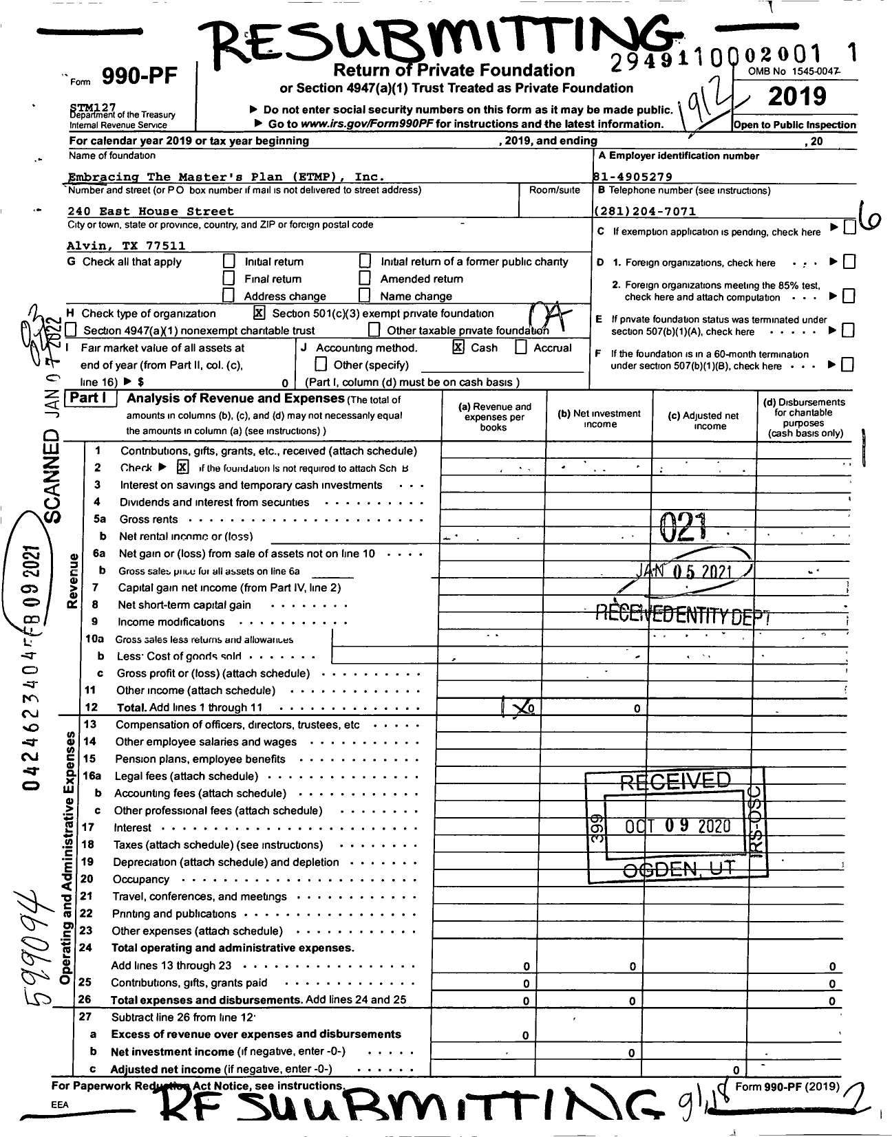 Image of first page of 2019 Form 990PF for Embracing The Masters Plan ETMP