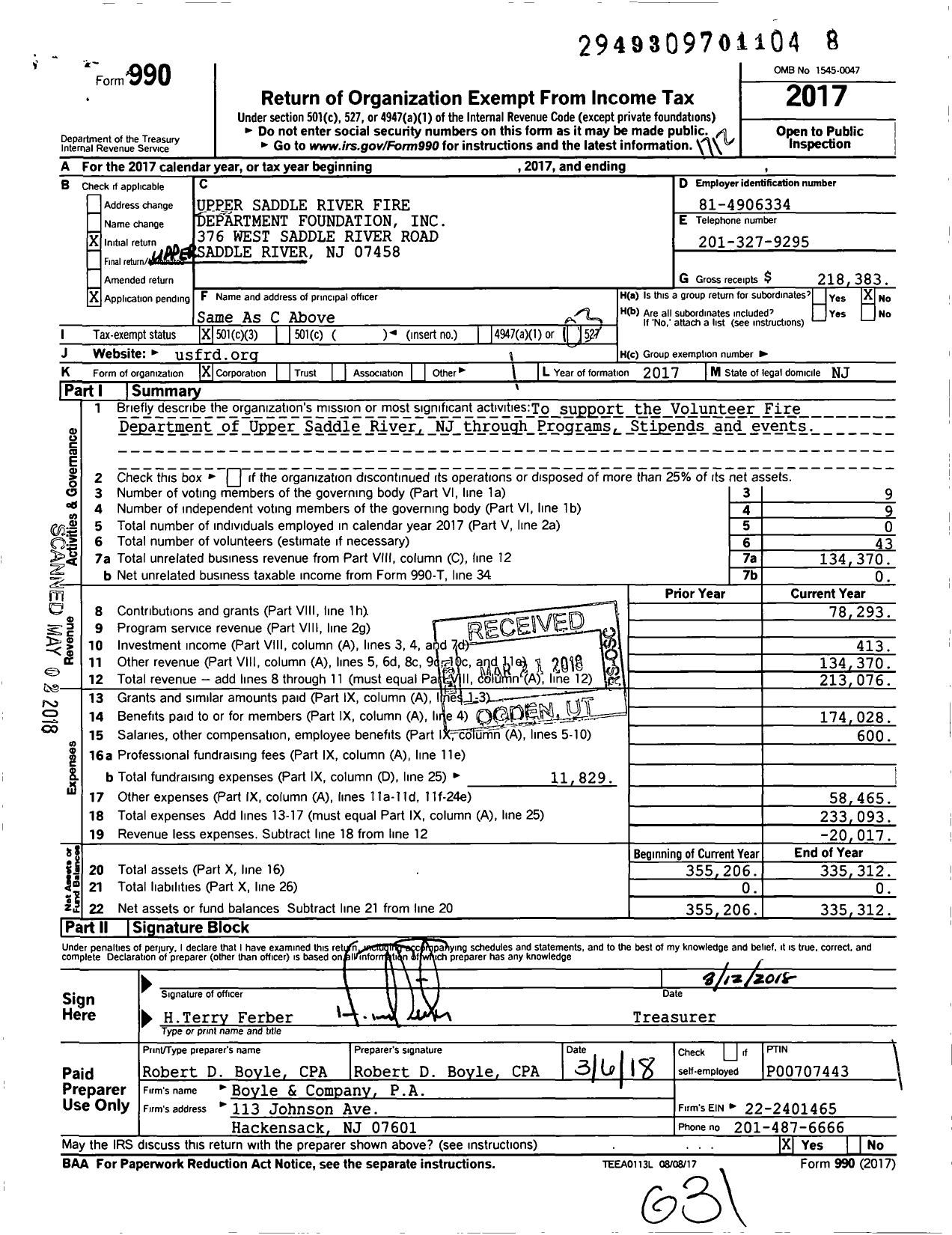 Image of first page of 2017 Form 990 for Upper Saddle River Fire Department Foundation