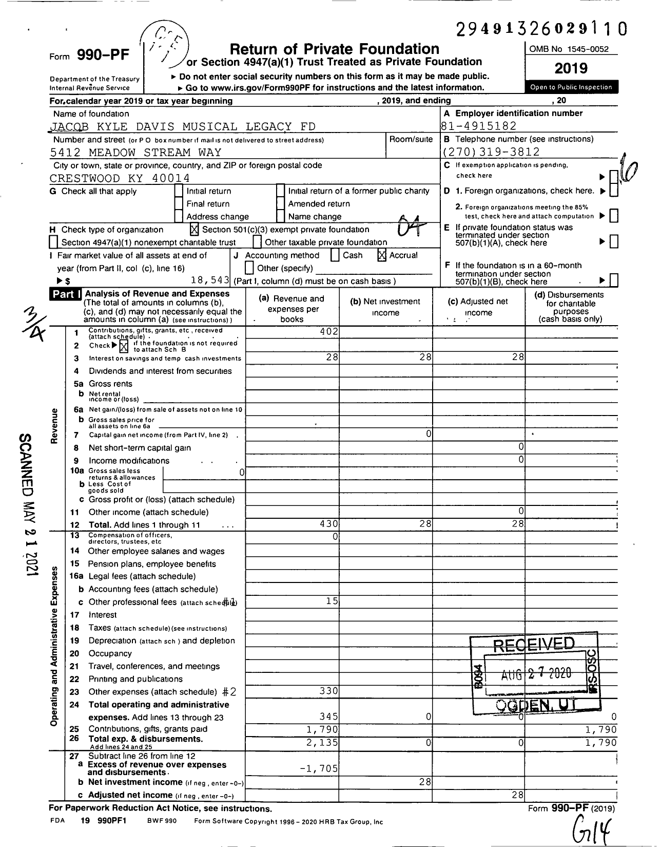 Image of first page of 2019 Form 990PF for Jacob Kyle Davis Musical Legacy Fund