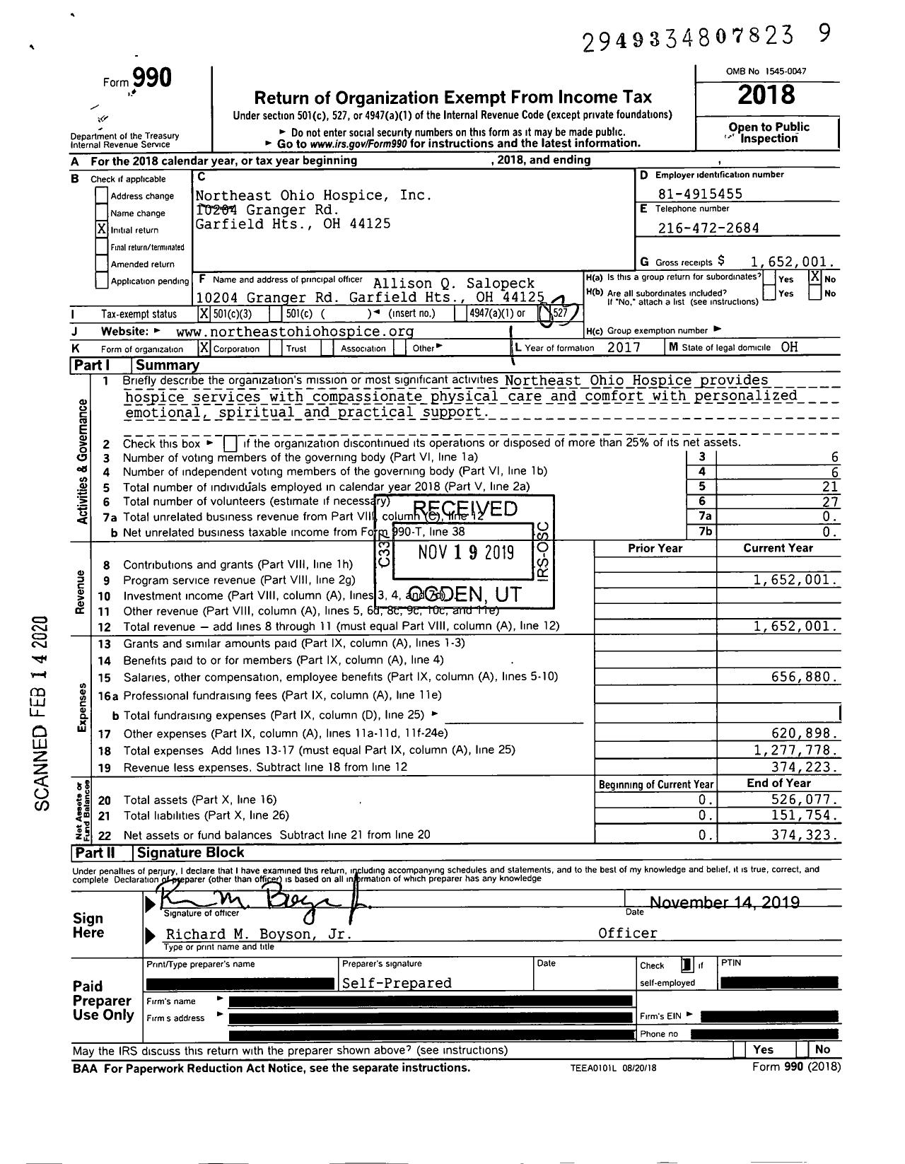 Image of first page of 2018 Form 990 for Northeast Ohio Hospice