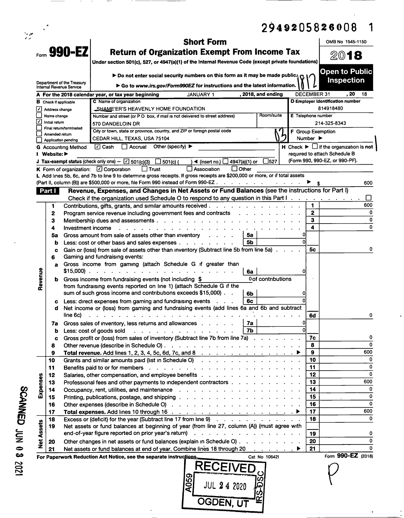 Image of first page of 2018 Form 990EZ for Shameers Heavenly Home Foundation