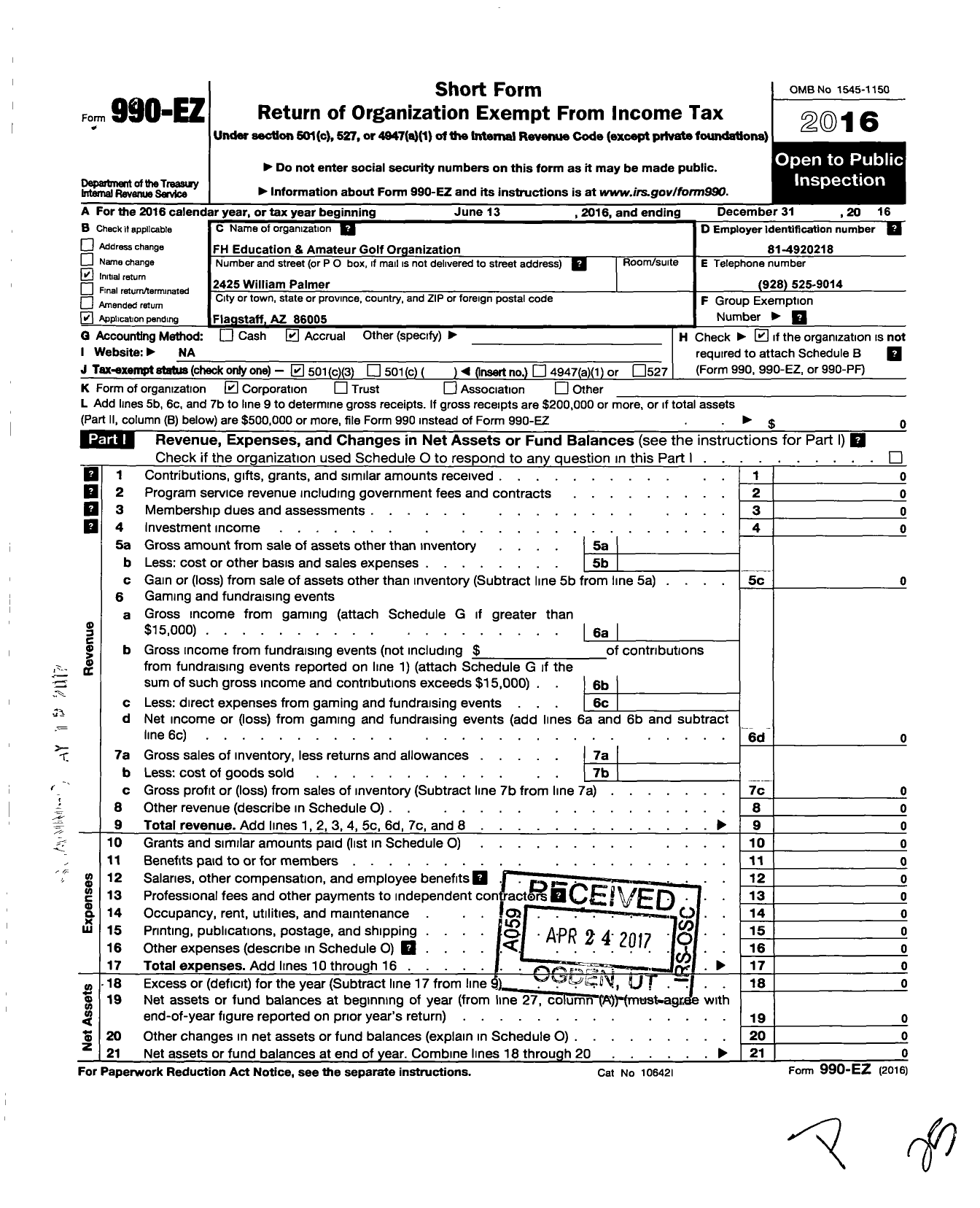 Image of first page of 2016 Form 990EZ for FH Education and Amateur Golf Organization