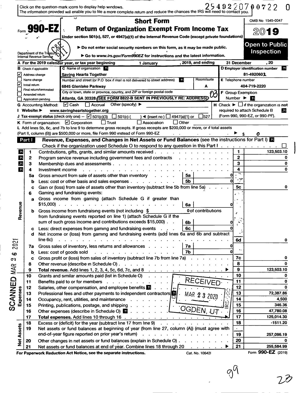 Image of first page of 2019 Form 990EZ for Saving Hearts Together
