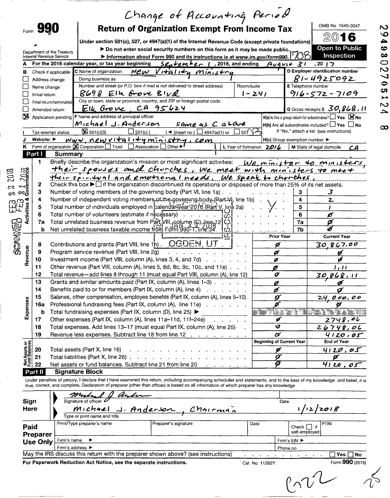 Image of first page of 2016 Form 990 for New Vitality Ministry