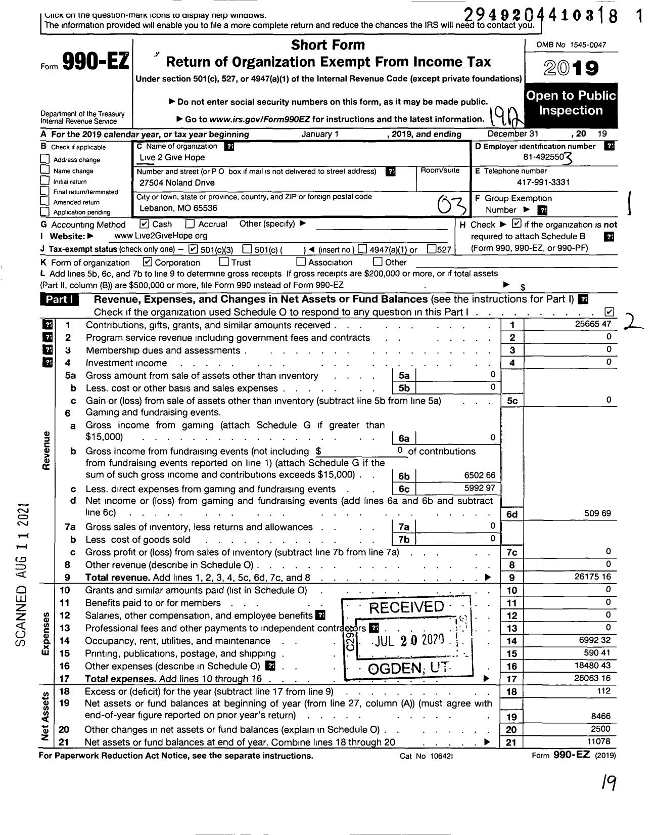 Image of first page of 2019 Form 990EZ for Live 2 Give Hope