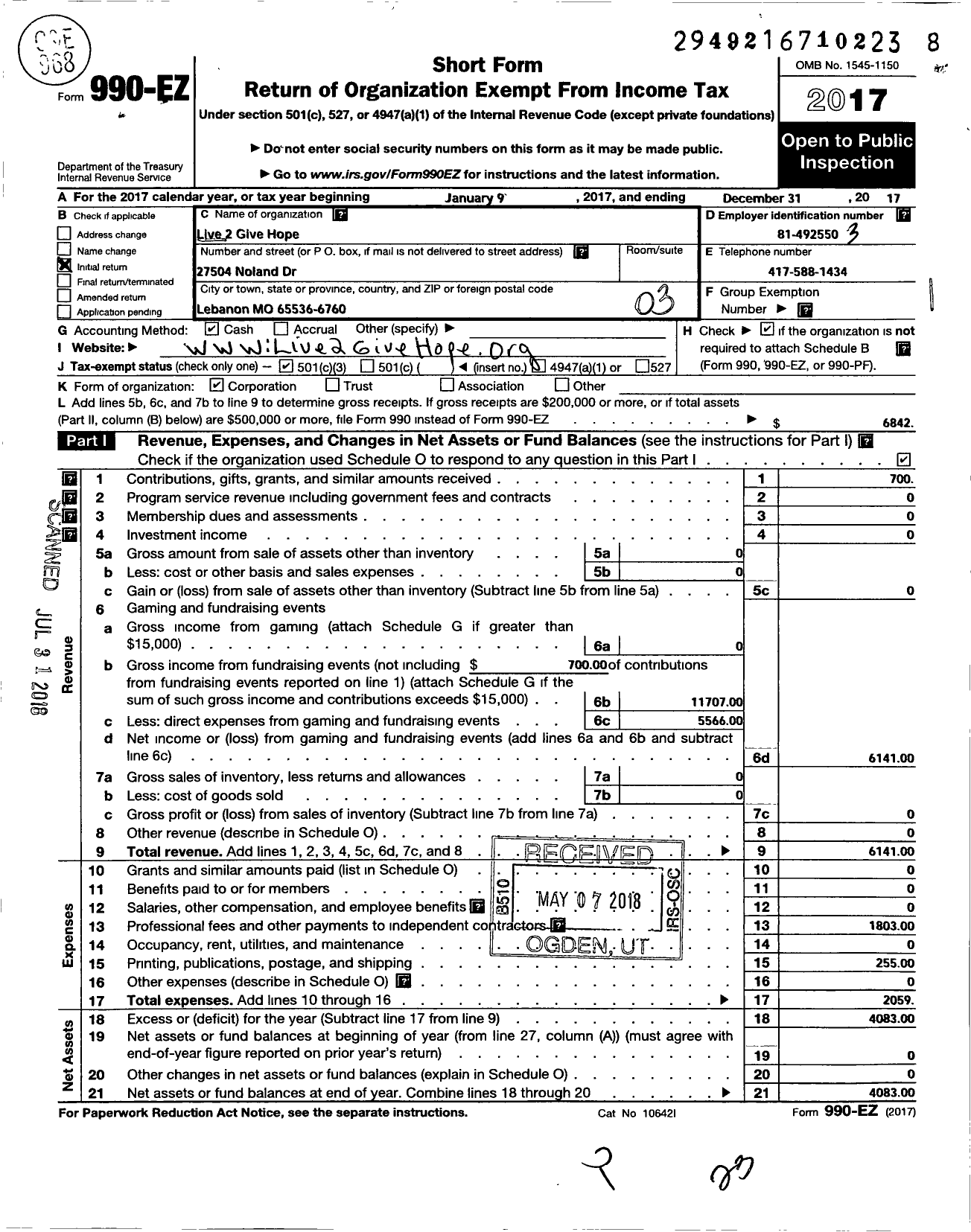 Image of first page of 2017 Form 990EZ for Live 2 Give Hope