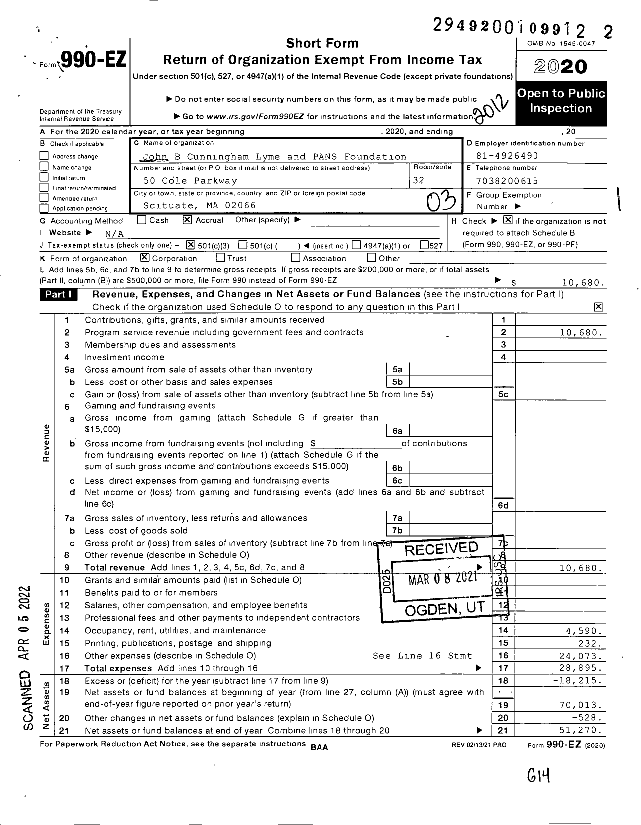 Image of first page of 2020 Form 990EZ for John B Cunningham PANS and PANDAS Foundation