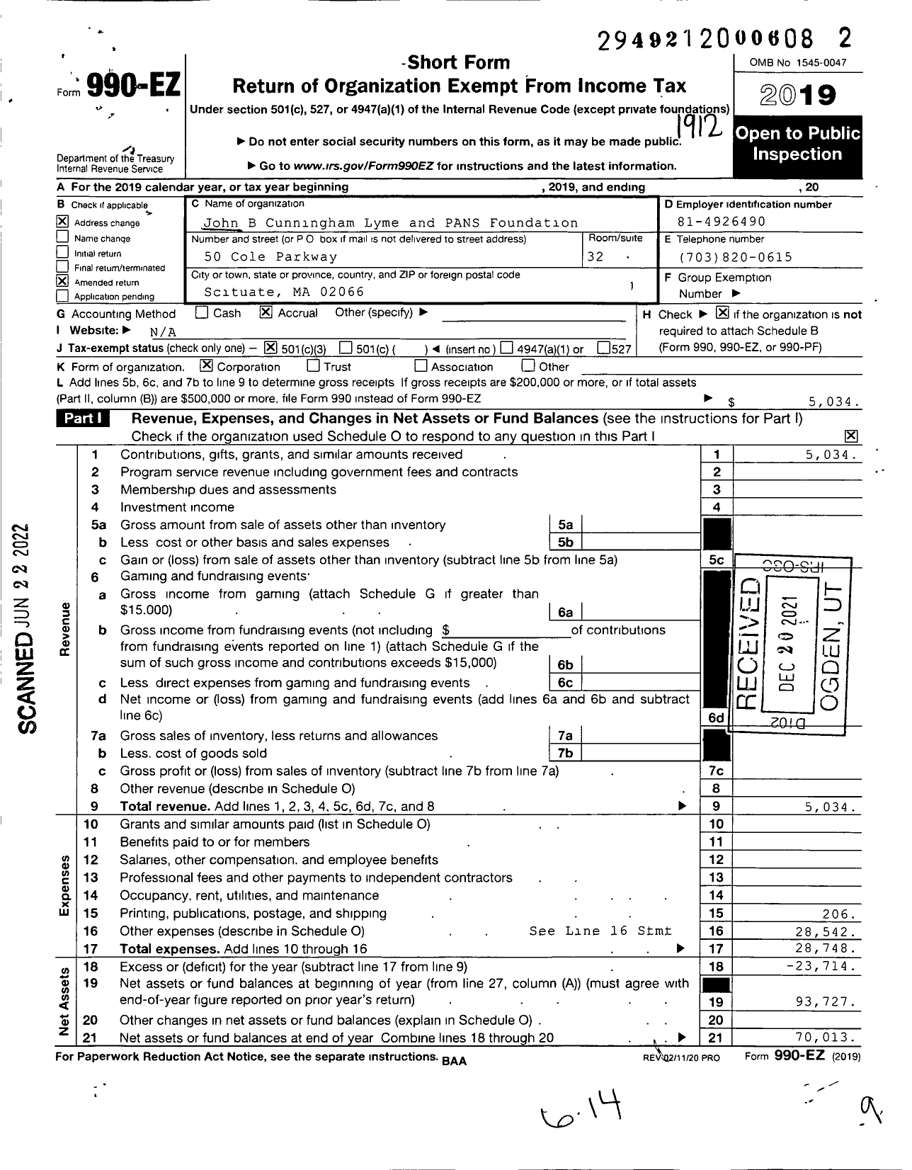 Image of first page of 2019 Form 990EZ for John B Cunningham PANS and PANDAS Foundation