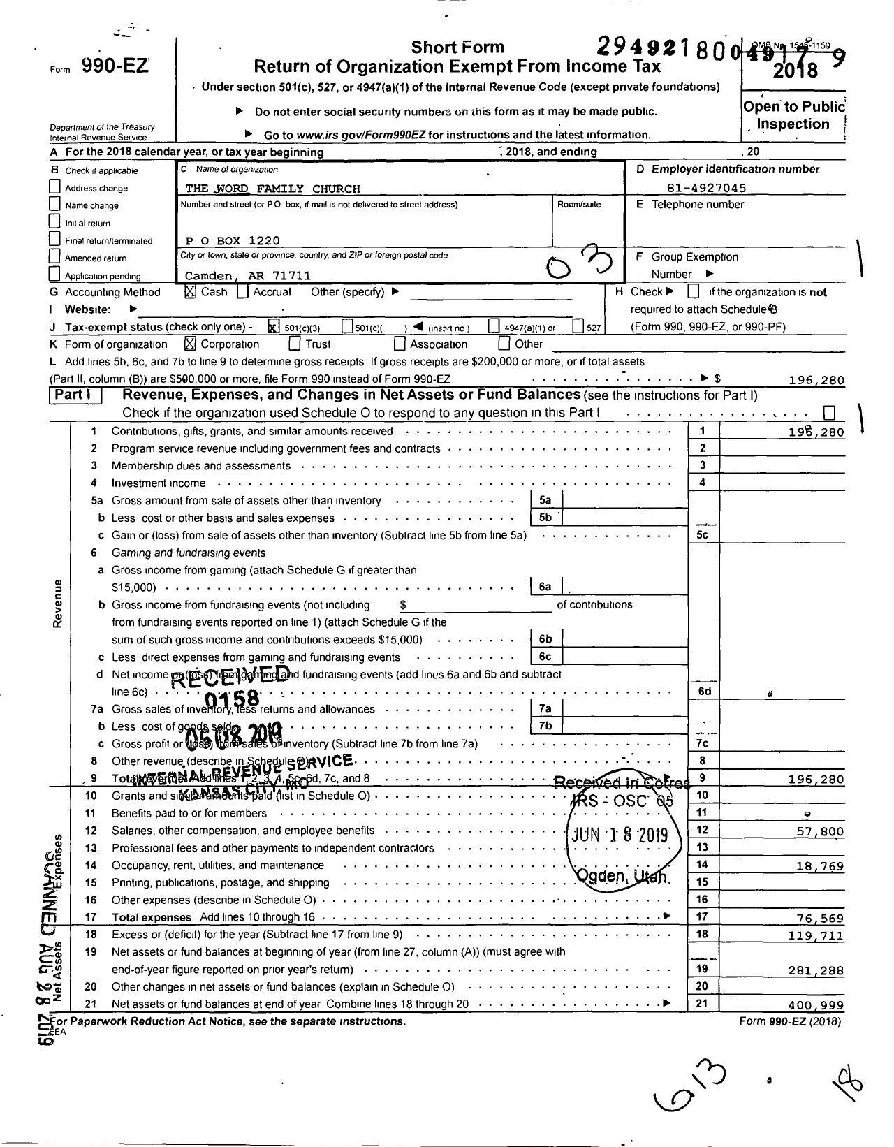 Image of first page of 2018 Form 990EZ for The Word Family Church