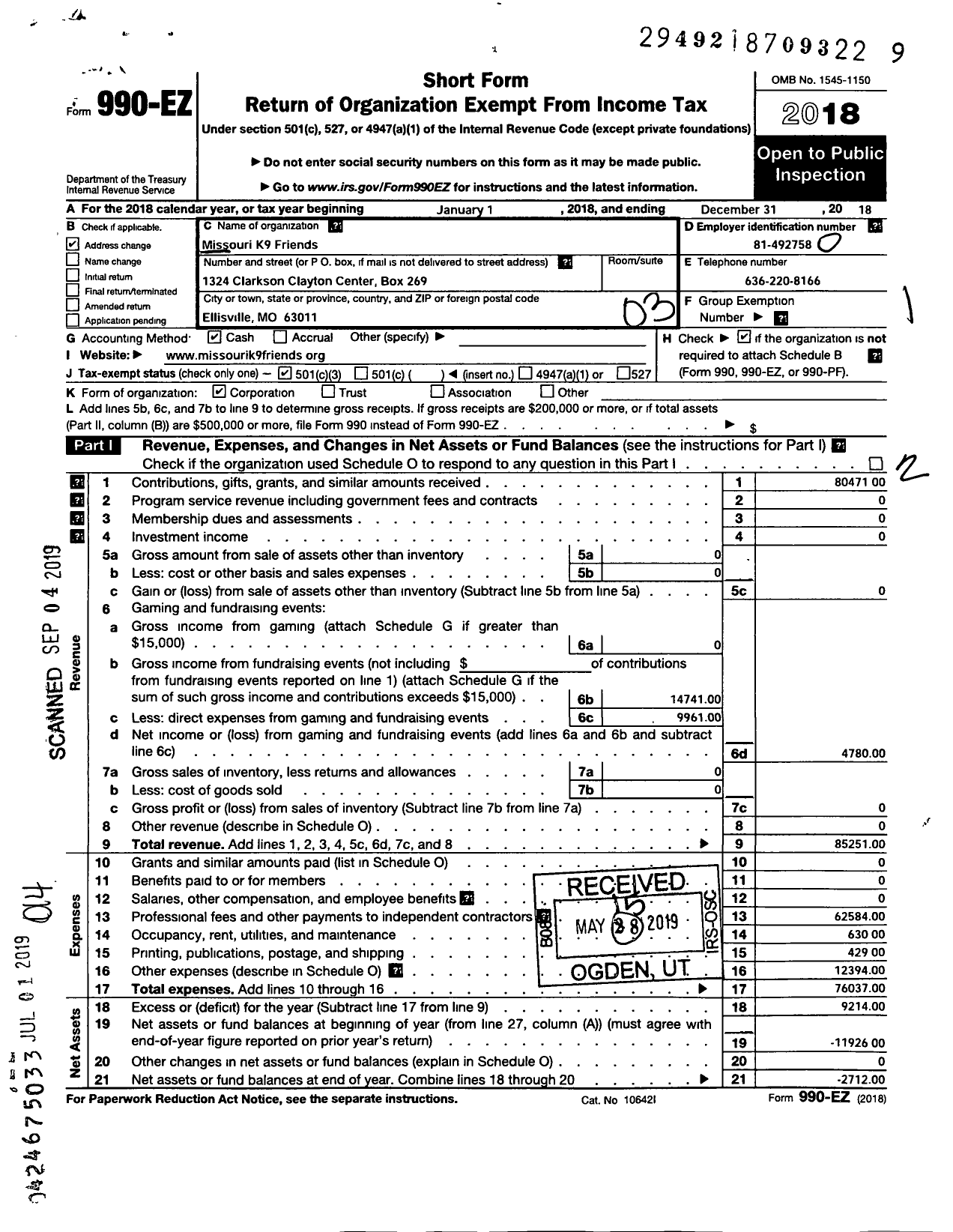 Image of first page of 2018 Form 990EZ for Missouri K9 Friends