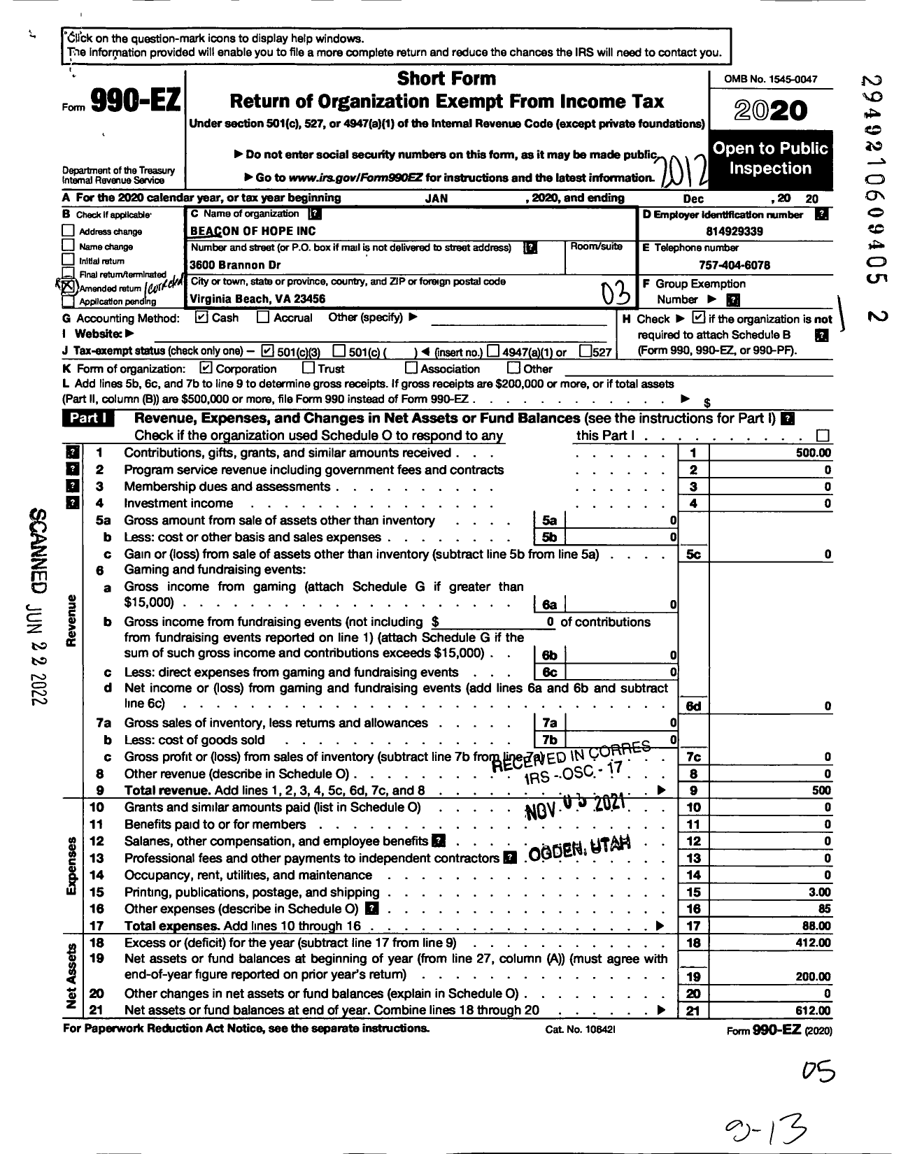 Image of first page of 2020 Form 990EZ for Beacon of Hope