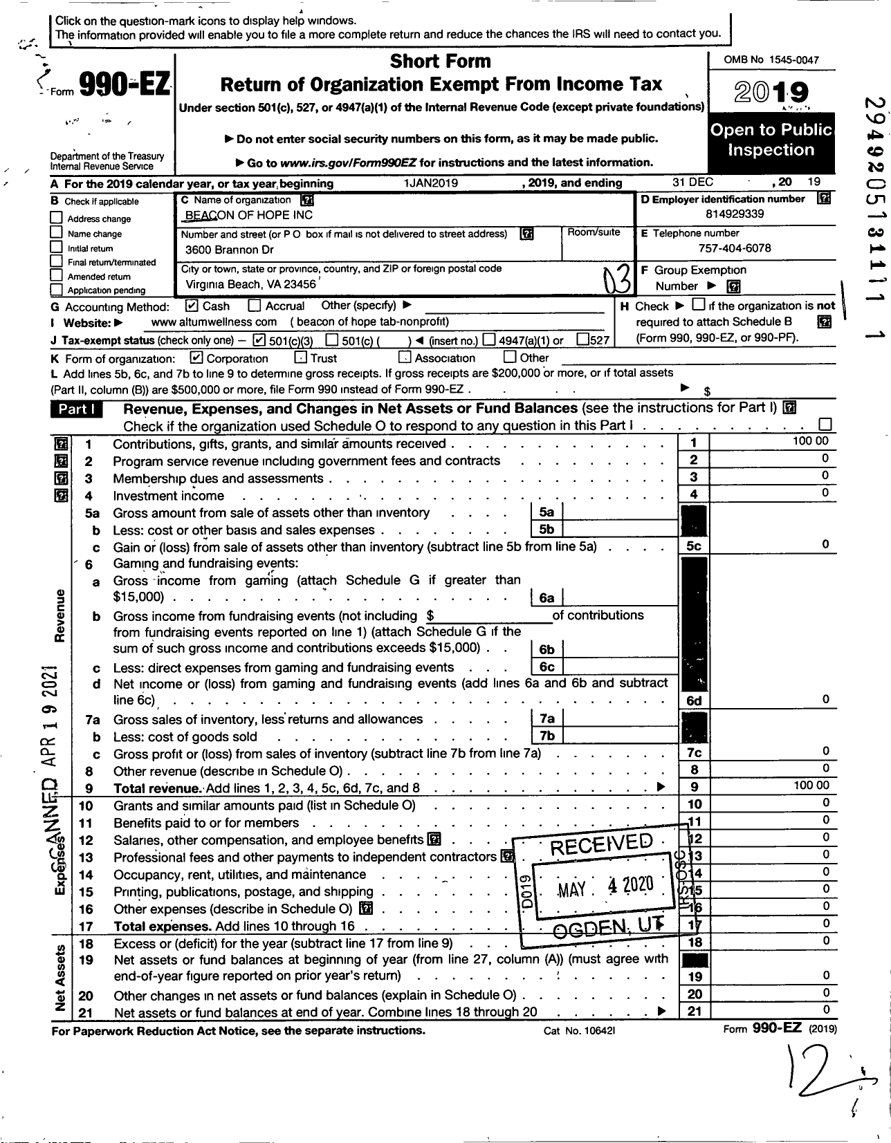 Image of first page of 2019 Form 990EZ for Beacon of Hope