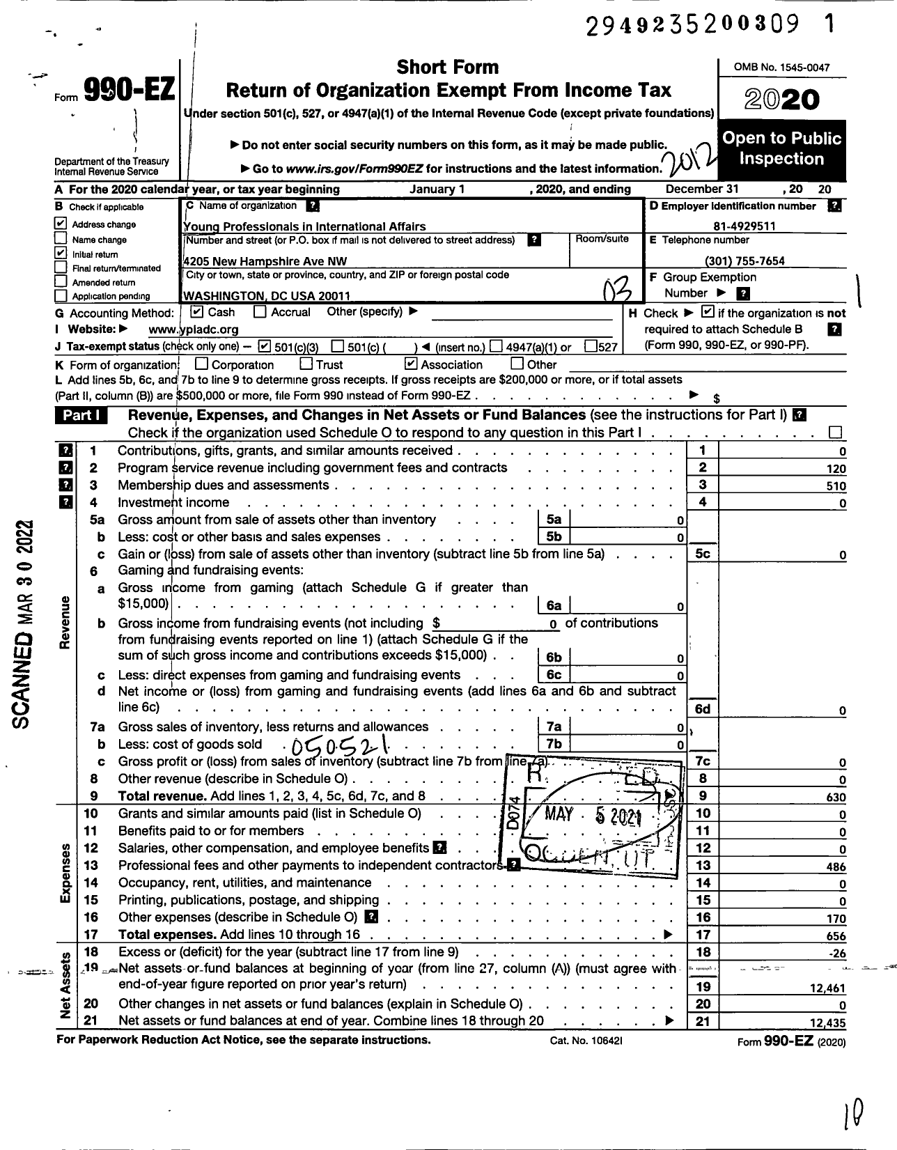 Image of first page of 2020 Form 990EZ for Young Professionals in International Affairs