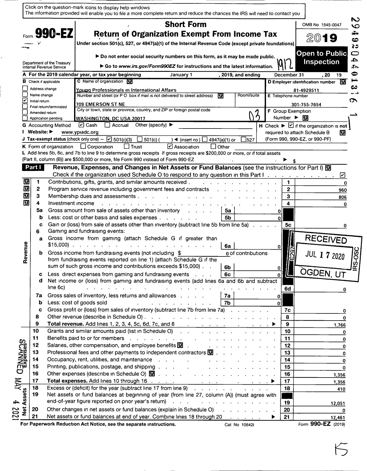 Image of first page of 2019 Form 990EZ for Young Professionals in International Affairs