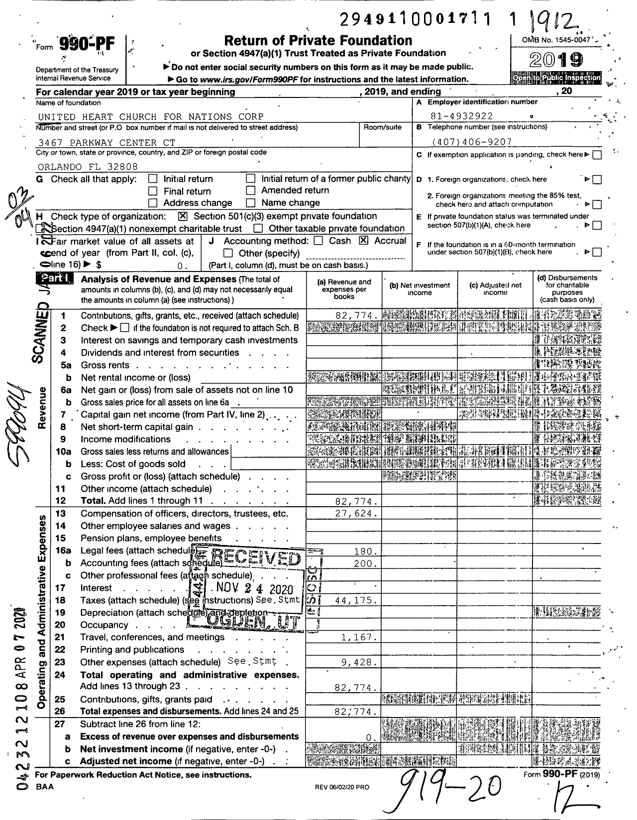 Image of first page of 2019 Form 990PF for United Heart Church for Nations Corporation