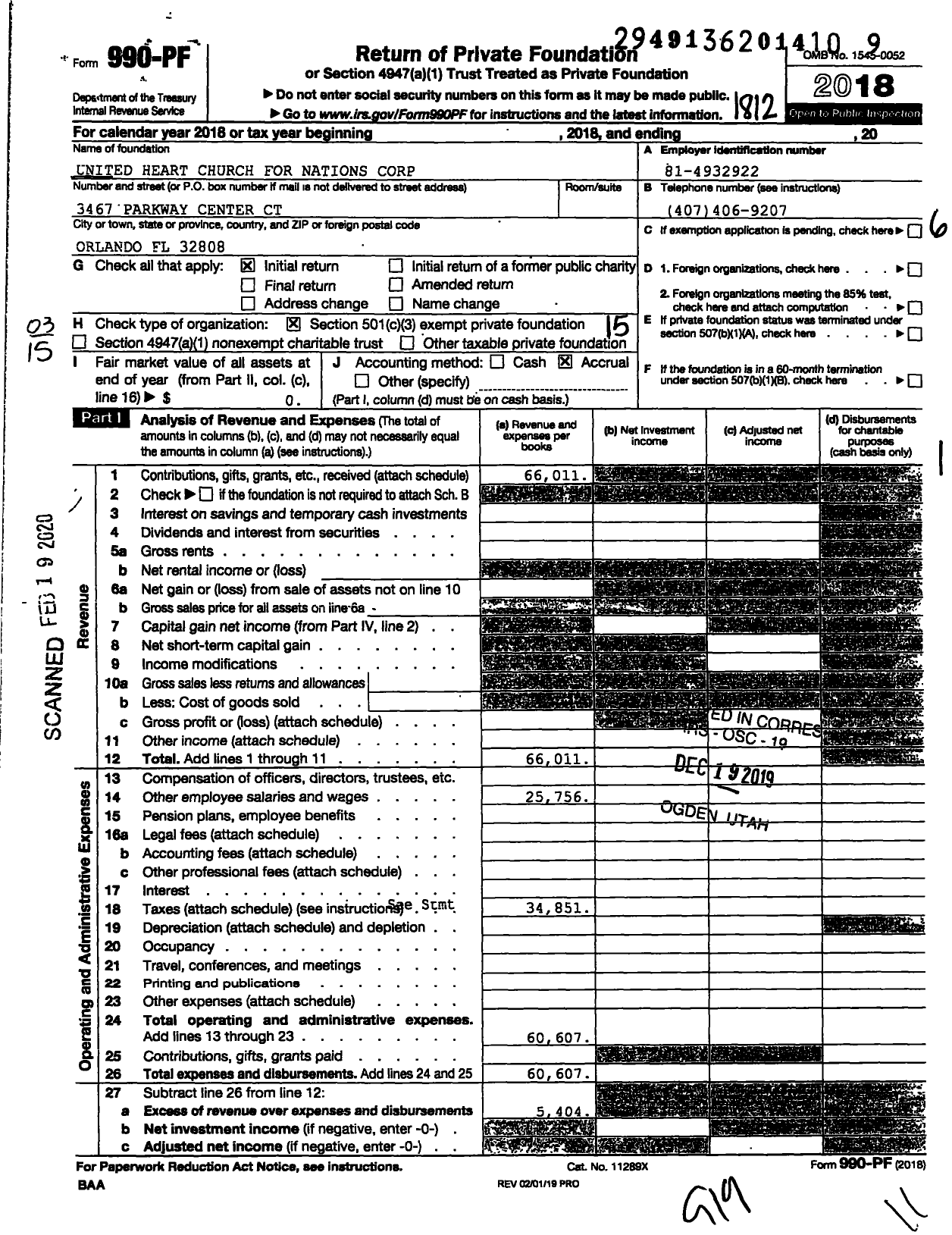 Image of first page of 2018 Form 990PF for United Heart Church for Nations Corporation