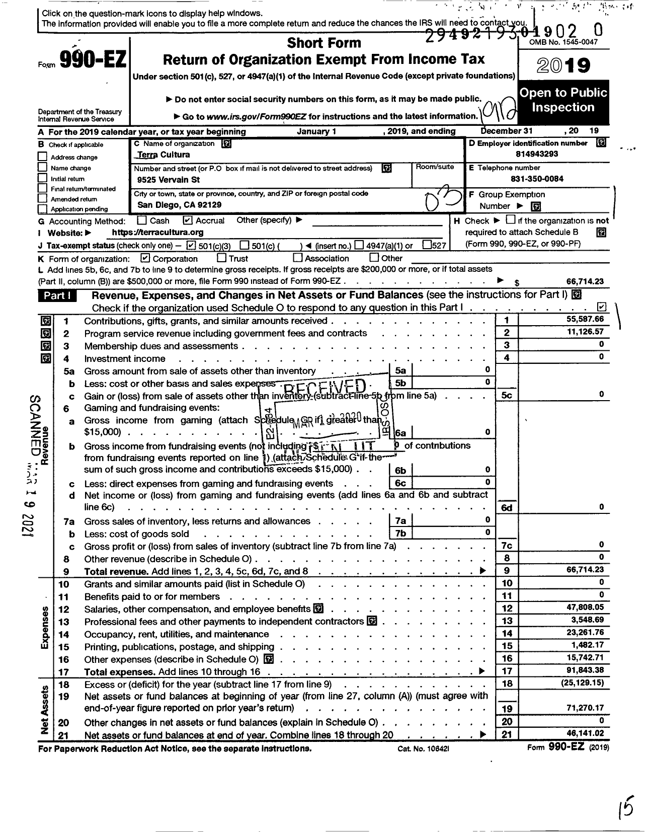 Image of first page of 2019 Form 990EZ for Terra Cultura