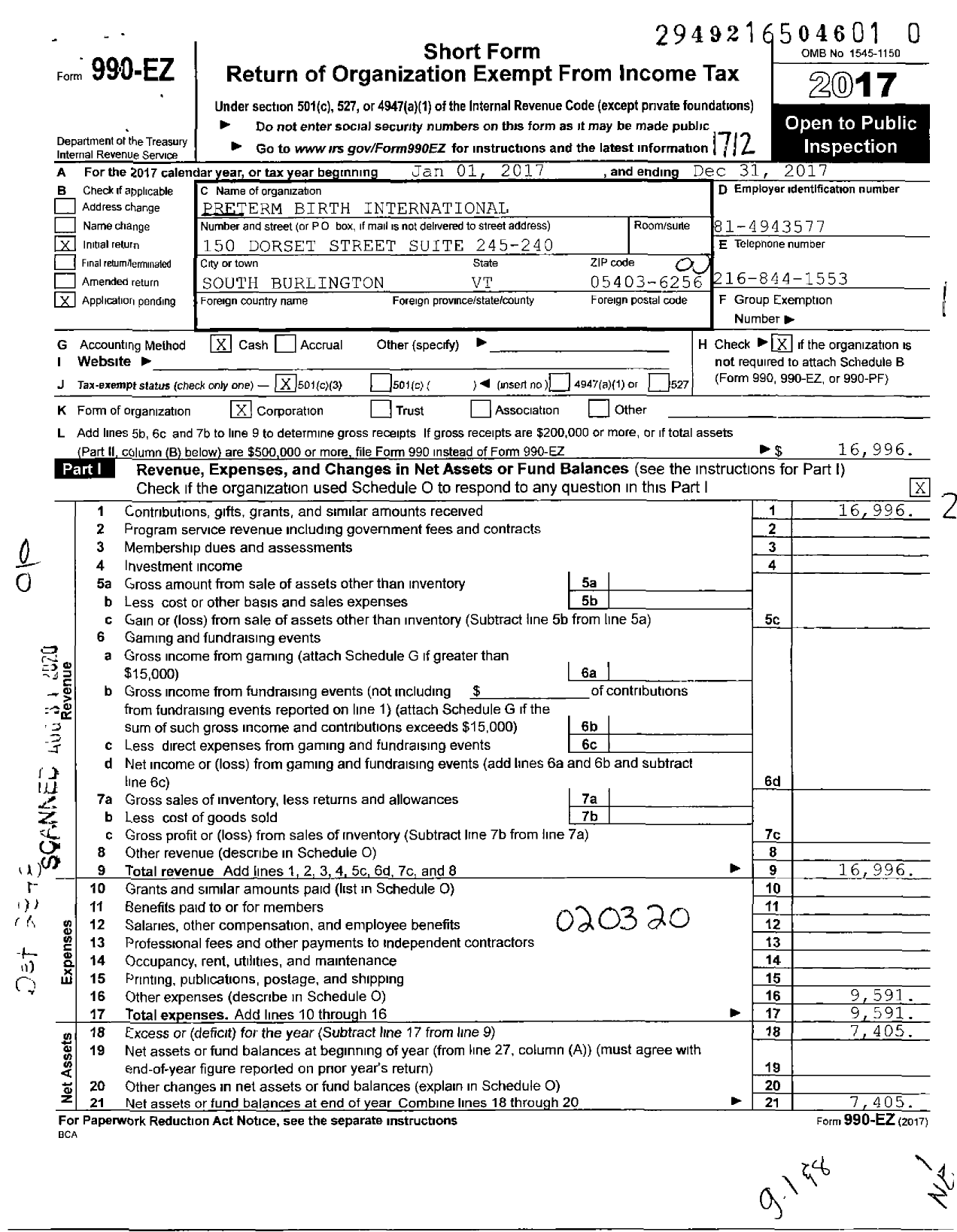 Image of first page of 2017 Form 990EO for Preterm Birth International Collaborative