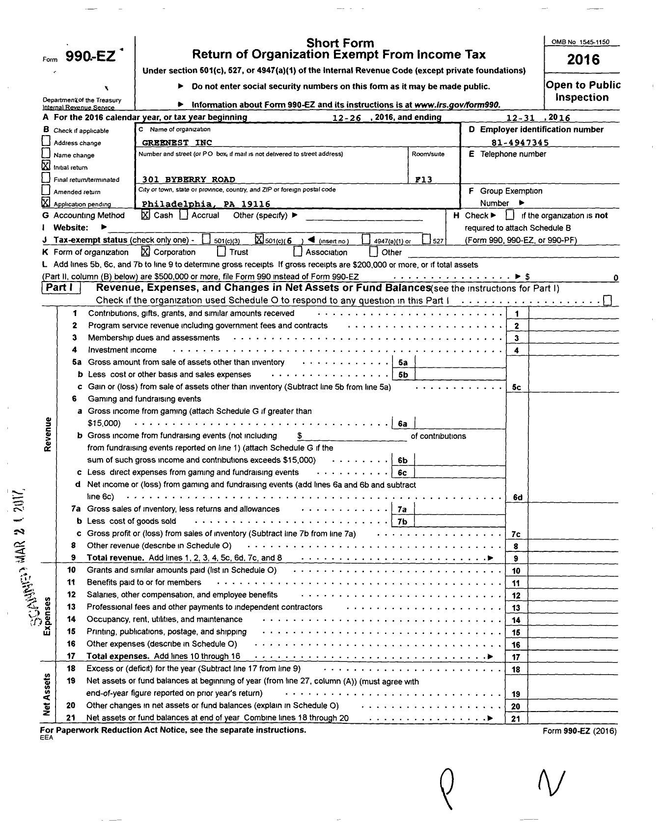 Image of first page of 2016 Form 990EO for Greenest