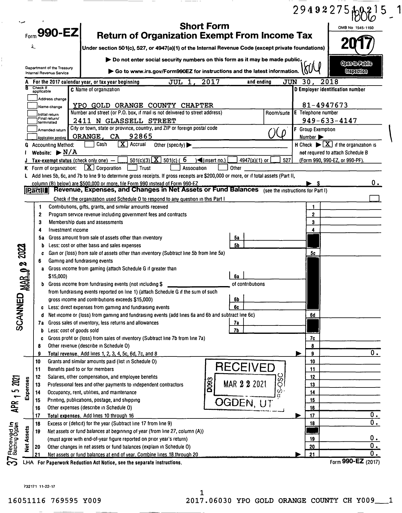 Image of first page of 2017 Form 990EO for YPO Gold Orange County Chapter