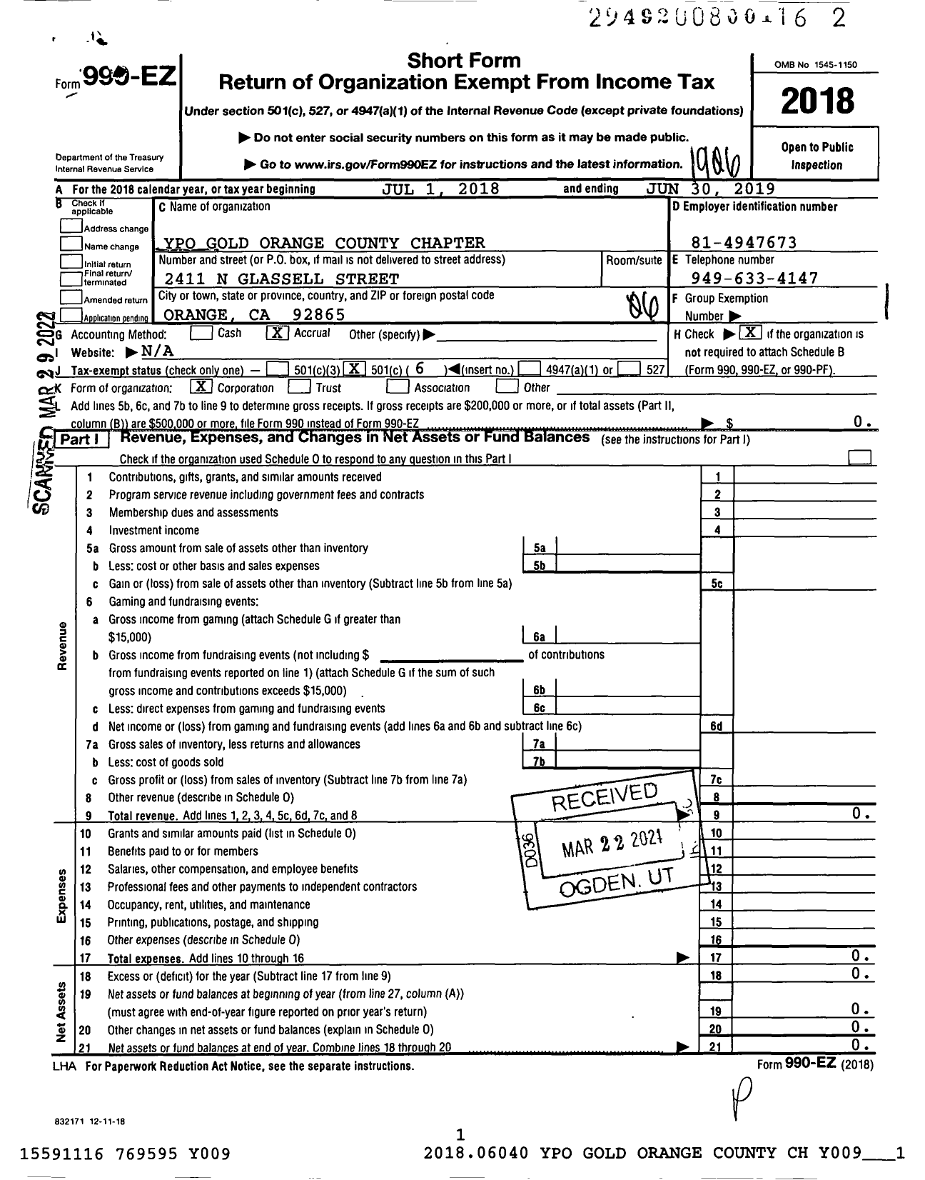 Image of first page of 2018 Form 990EO for YPO Gold Orange County Chapter